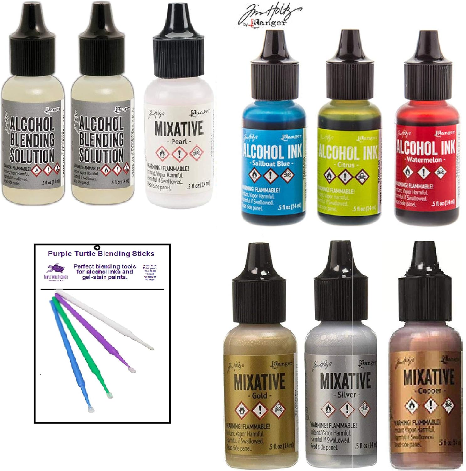 Tim Holtz Adirondack Alcohol Ink Value Pack Bundles of Favorite Colors Plus Pearl Mixative with Two Alcohol Blending Solutions, Bonus Purple Turtle Blending Sticks, (Favorite 5 Bolds)