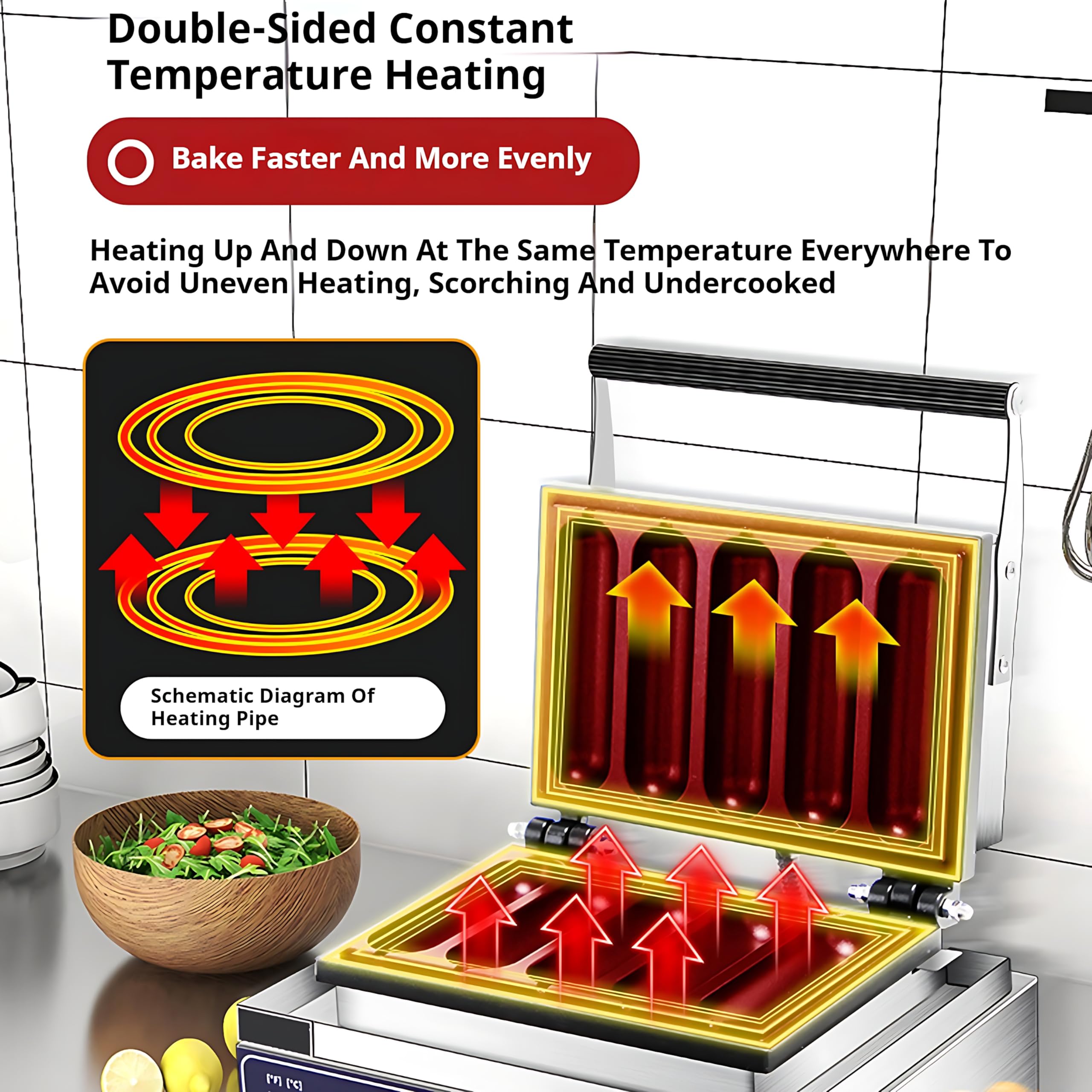Opiekacz do Pączków z Kiełbaską 1500W, Komercyjna Prasa do Hot Dogów z Regulacją Temperatury 0-300°C, Nieprzywierające Płyty, Stal Nierdzewna do Domu i Firmy