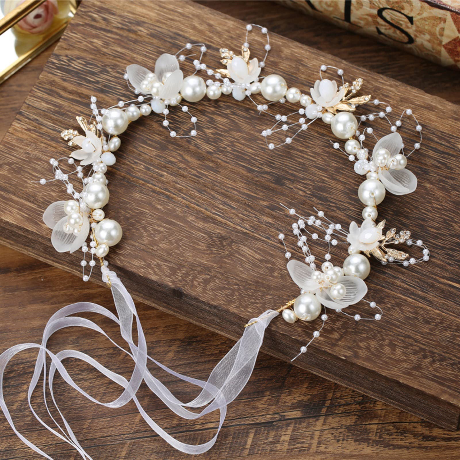 Brateuanoii Tiara de Perlas de Novia, Nupcial Flor Pelo Vine, Nupcial Perla Pelo Vid, para Damas, Niñas, Novias, Damas de Honor, Accesorios para El Cabello para Niñas con Flores, Tocado de Perlas