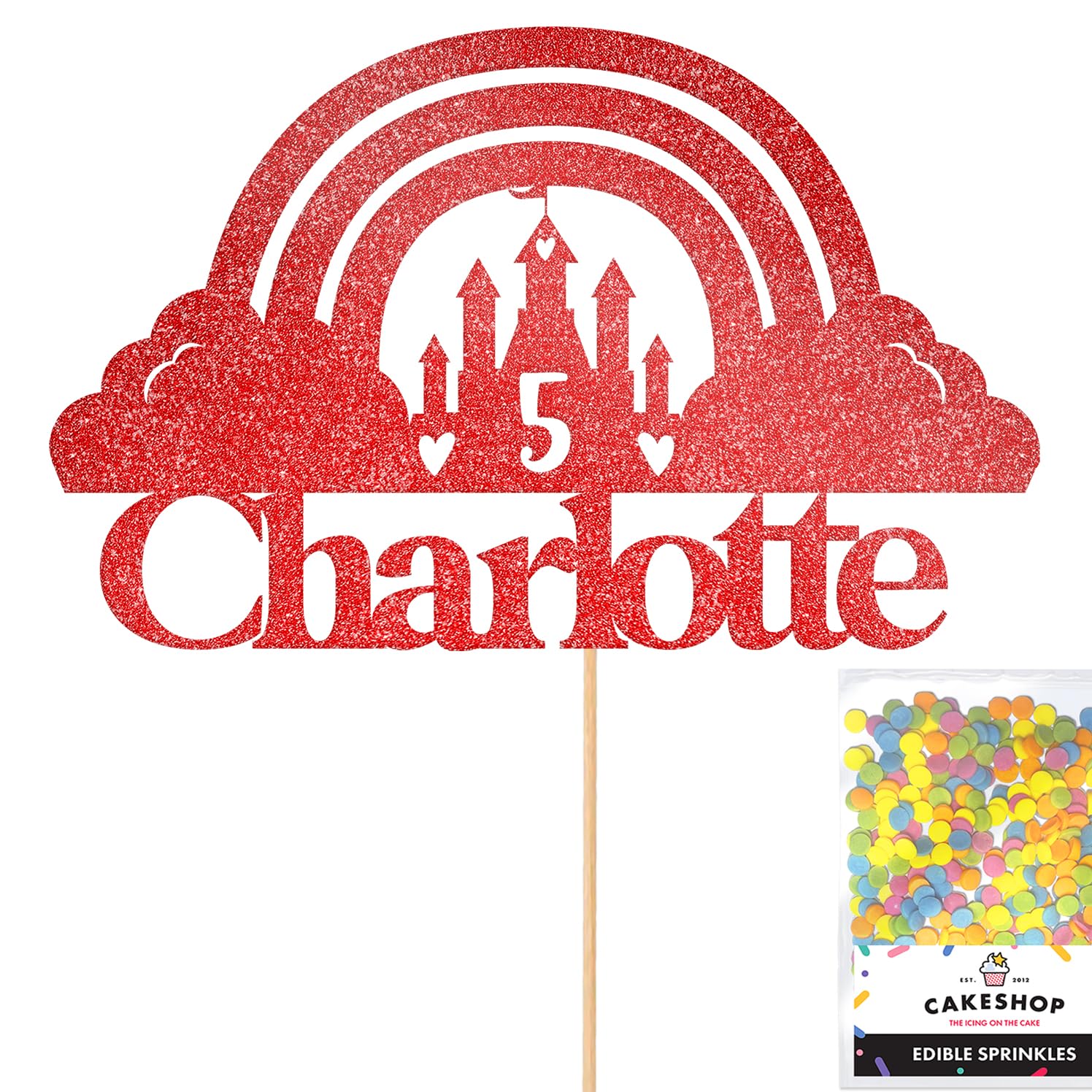 Personalised Princess Castle Glitter Cake Topper- Red Any Custom Age & Name Glitter Cake Decoration and Sprinkles - Happy Birthday Decorations - Personalised Toppers for Cakes by Cakeshop — image 1