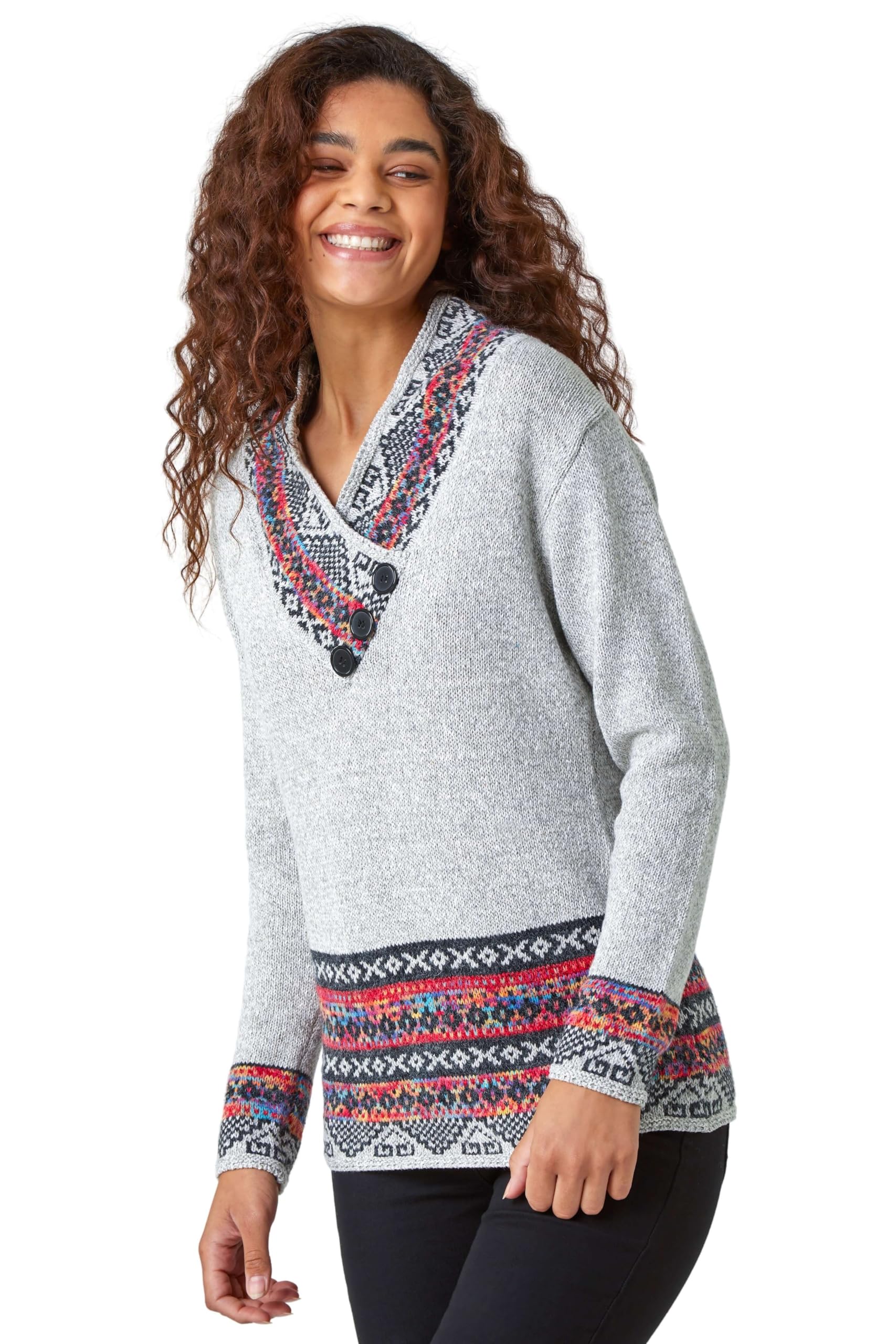 Roman Originals Jumper for Women UK - Ladies Button Detail Embellished Tunic Sweater V-Neck Overlap Autumn Winter Smart Office Work Wear Casual Warm Cosy Pullover Day - Grey - Size 10