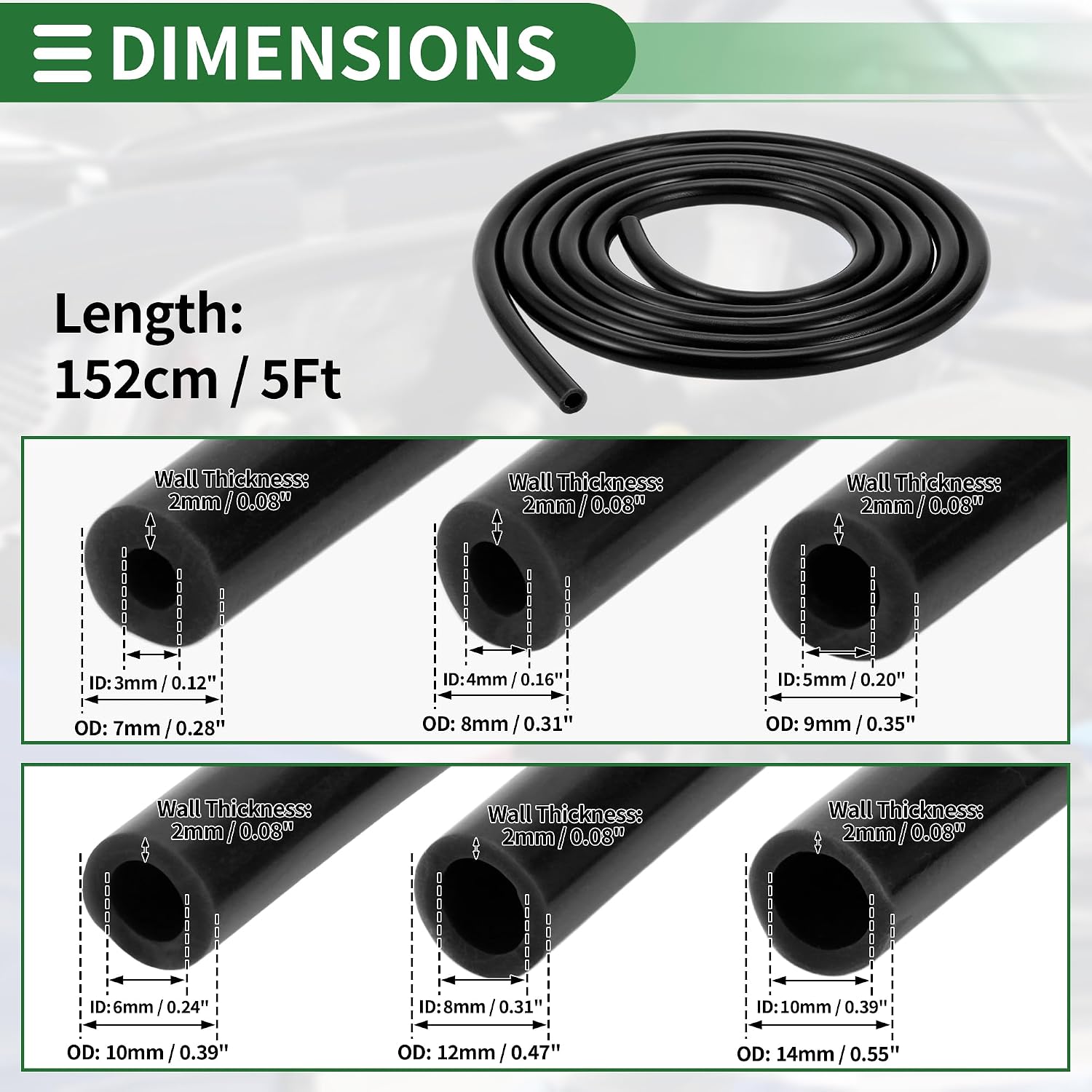 Motoforti Silicone Vacuum Tubing Hose Automotive Vacuum Line 5Ft 3/4/5/6/8/10mm ID 2mm Thickness High Temperature Black 1 Set 130PSI Max Pressure