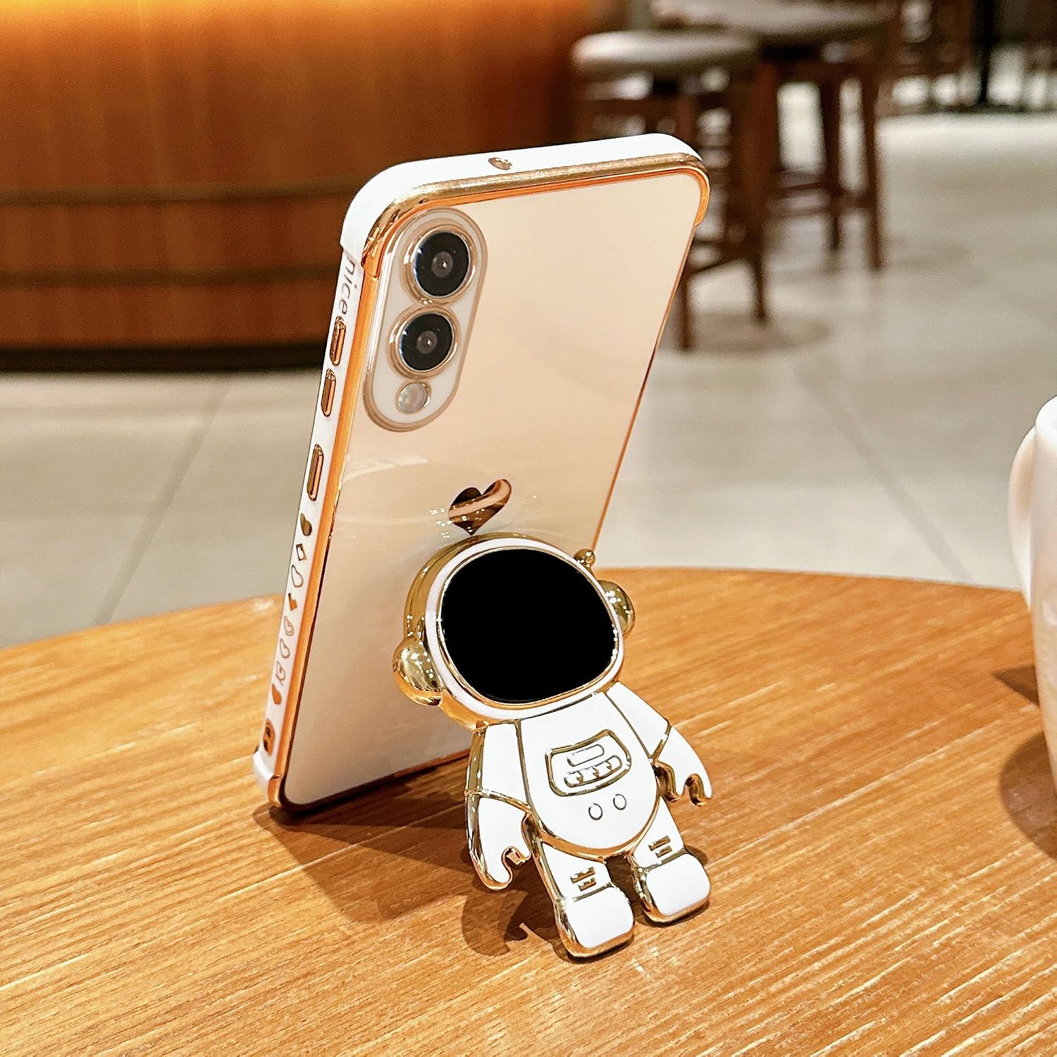 for Samsung Galaxy S25 Edge Astronaut Hidden Stand Holder Phone Case Luxury Gold Plated Cute Astronaut Side Love Heart Camera Protector Soft Shockproof Kickstand Cover (Black, for Samsung S25 Edge) image 2
