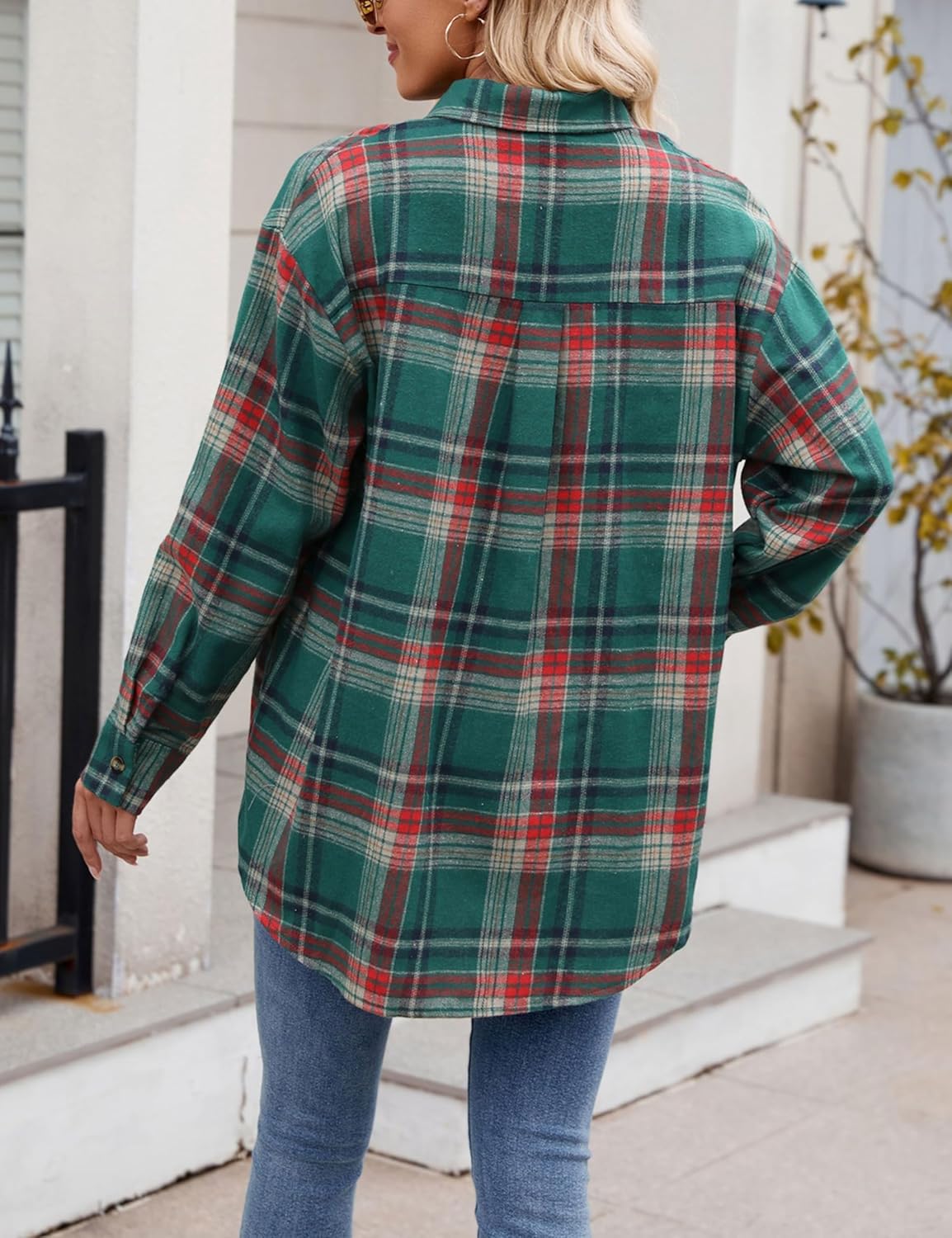 Women's Lightweight Flannel Plaid Button Down Shirts Oversized Long Sleeve Shacket Jacket Tops - Image 6