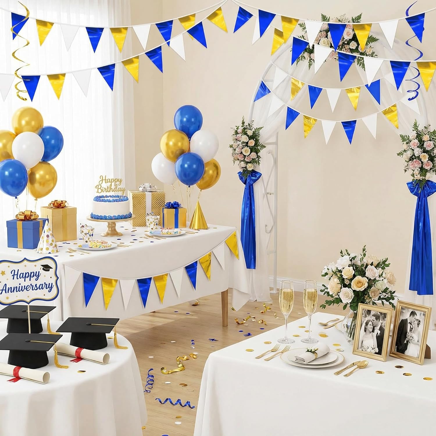 3P Navy Blue White Gold Party Decorations - Metallic Fabric Triangle Pennant Banner Flags - Indoor/Outdoor Bunting Garland for Birthday, Wedding, Graduation & Theme Parties - Image 4