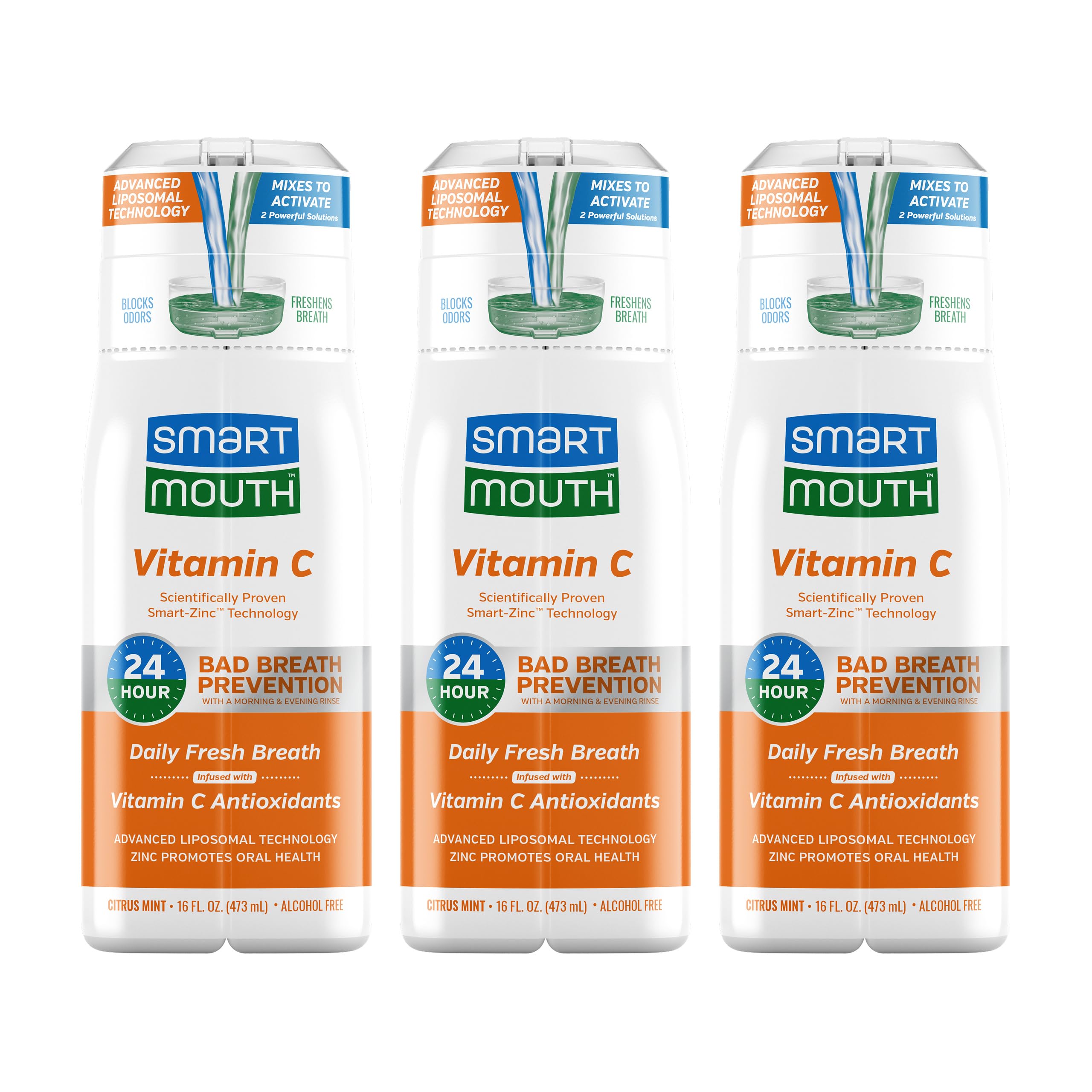 SmartMouth Advanced Liposomal Vitamin C Mouthwash - Vitamin C Antioxidants - Dual-Solution Zinc-Activated Mouthwash - Supports Oral Health - Citrus Mint Flavor - Alcohol Free - 16 fl oz Each, 3-Pack