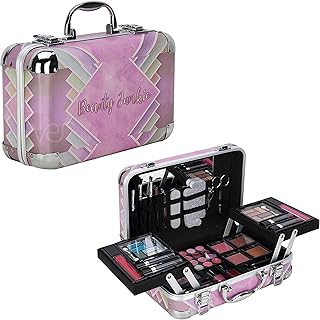 Ver Beauty Starter Carry-All Teen Makeup Kit Gift Set, Heavy Duty Travel Case with Full Cosmetic Accessories & Built-In Mirror, Pink