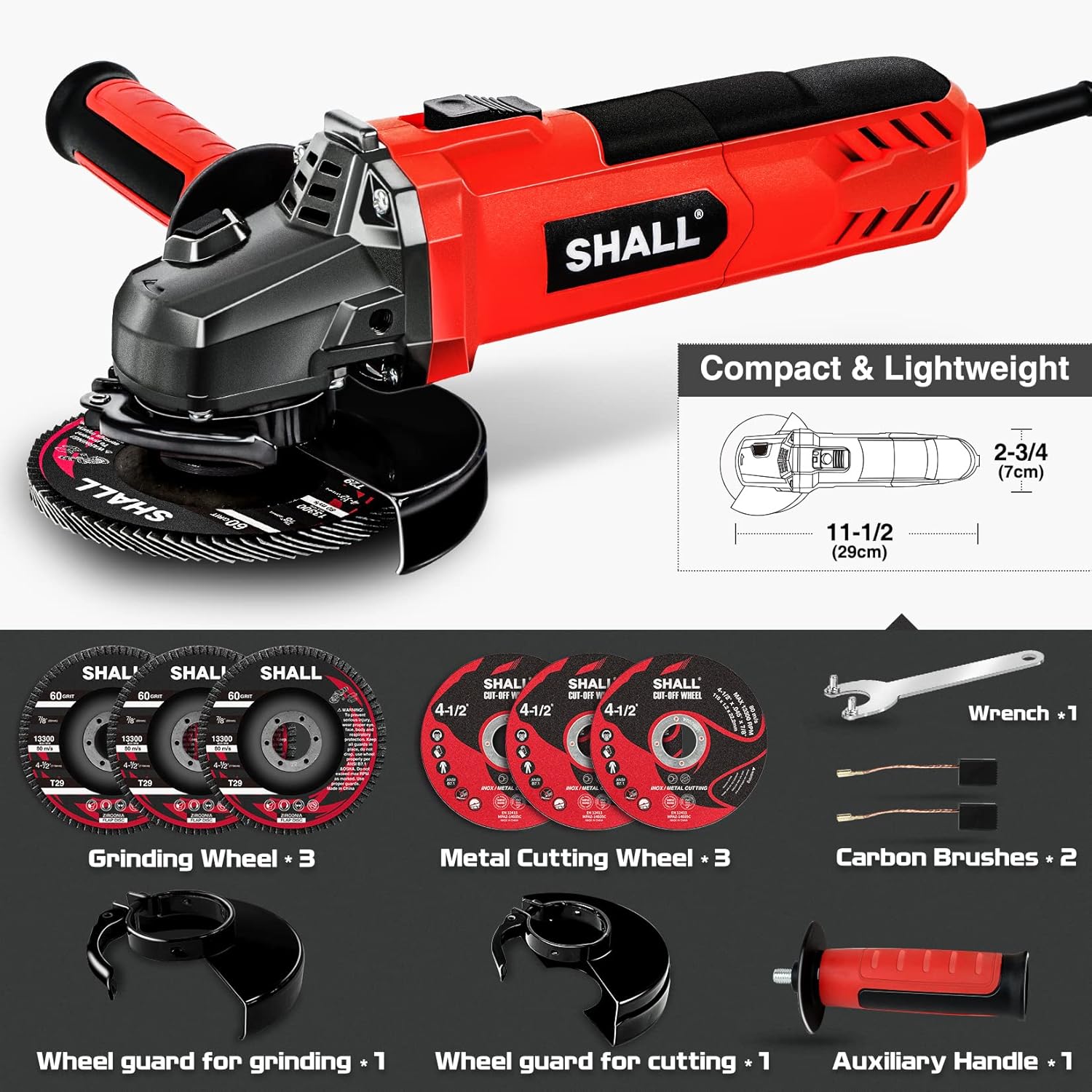 SHALL Angle Grinder Tool 7.5Amp 4-1/2 Inch Grinders Power Tools, Electric Metal Grinder 12000 RPM with 2 Safety Guards, 3 Cutting Wheels, 3 Flap Discs, Non-Slip Handle and Carbon Brush for Metal, Wood : Tools & Home Improvement