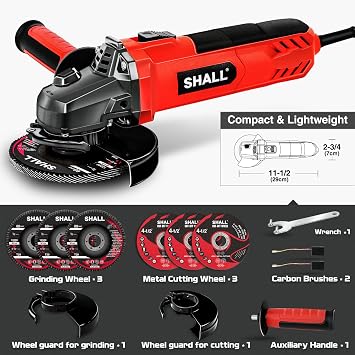 7.5Amp 4-1/2 Inch 12000 RPM Angle Grinder with 2 Guards, 3 Cutting Wheels, 3 Discs, Non-Slip Handle and Carbon Brush for Metal and Wood