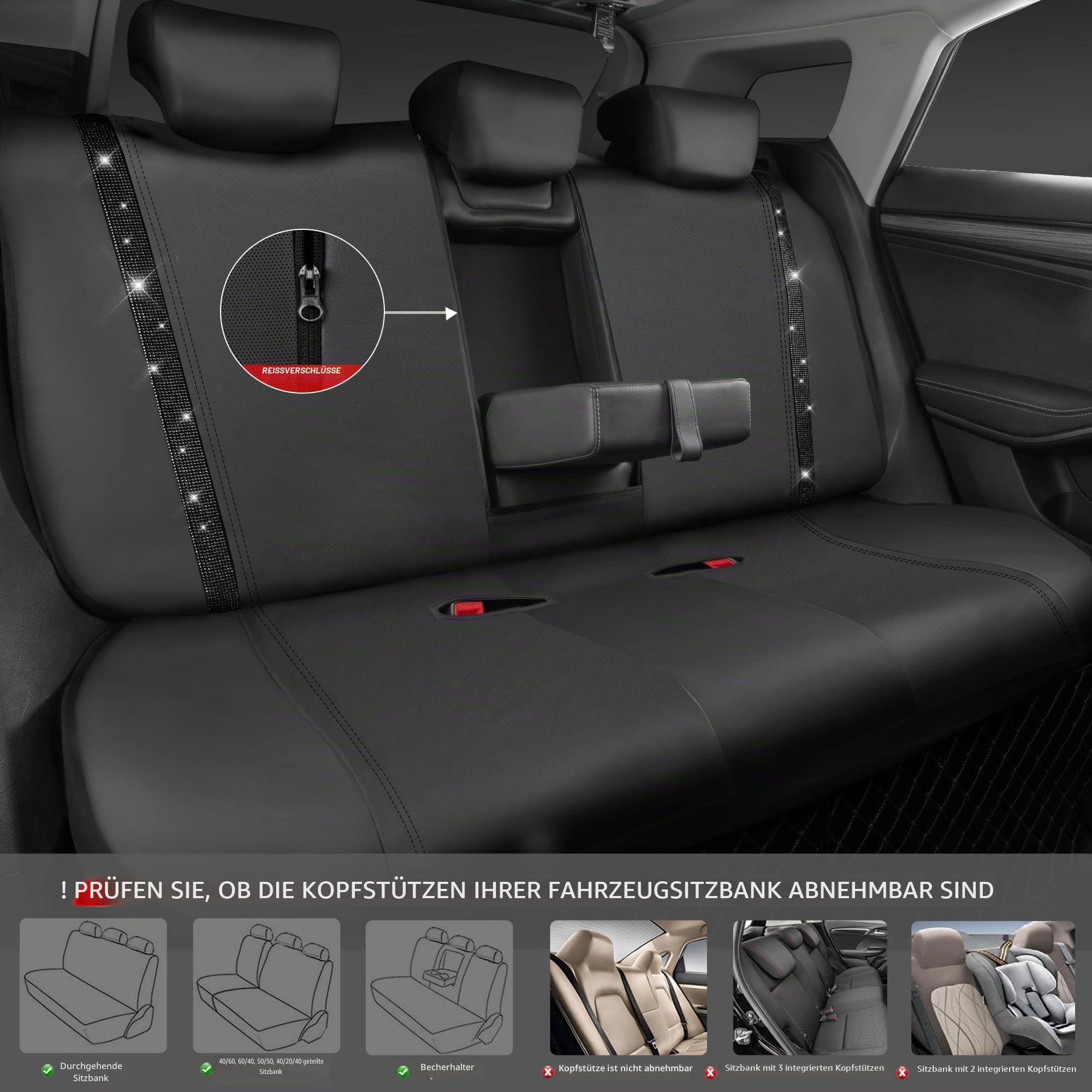 CAR PASS Wasserdicht Leder Autositzbezüge, Bling Diamant Komplettset Sitzbezug, Glänzend Kristall Glitzernd, Universal für 95% Aller Automobile LKW SUV, Frauen Männer(Komplettset, Schwarz)