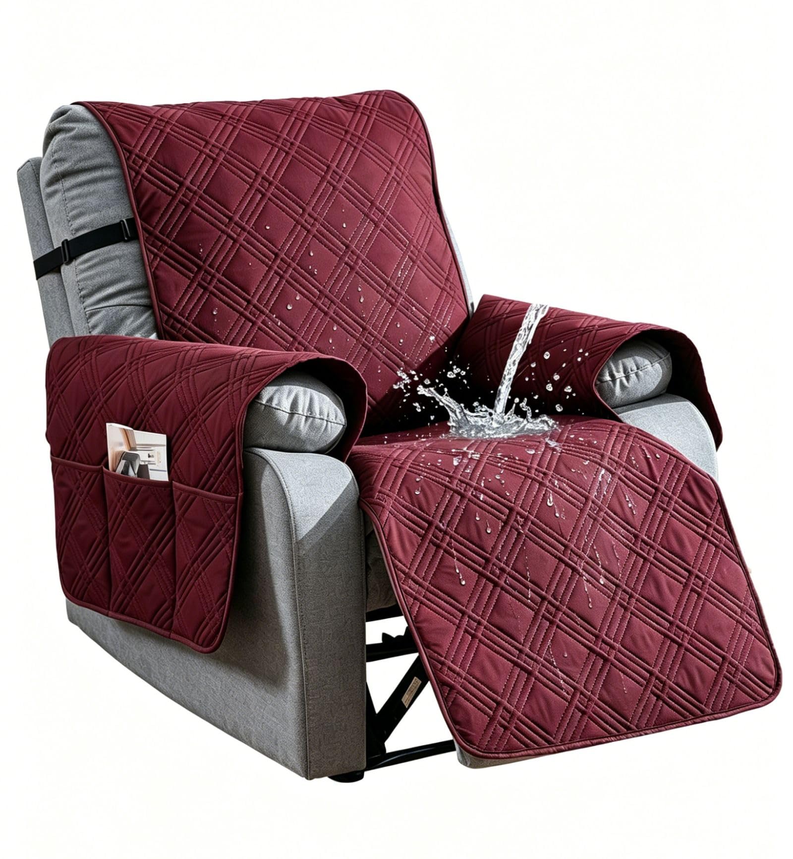 Aolceth Wine Red4 Waterproof Recliner Chair Covers With Pockets, Non-Slip Armchair Covers For Recliner Chair Washable Chair Cover, Recliner Couch Slipcover Furniture Protector For Kids, Dogs, Pets