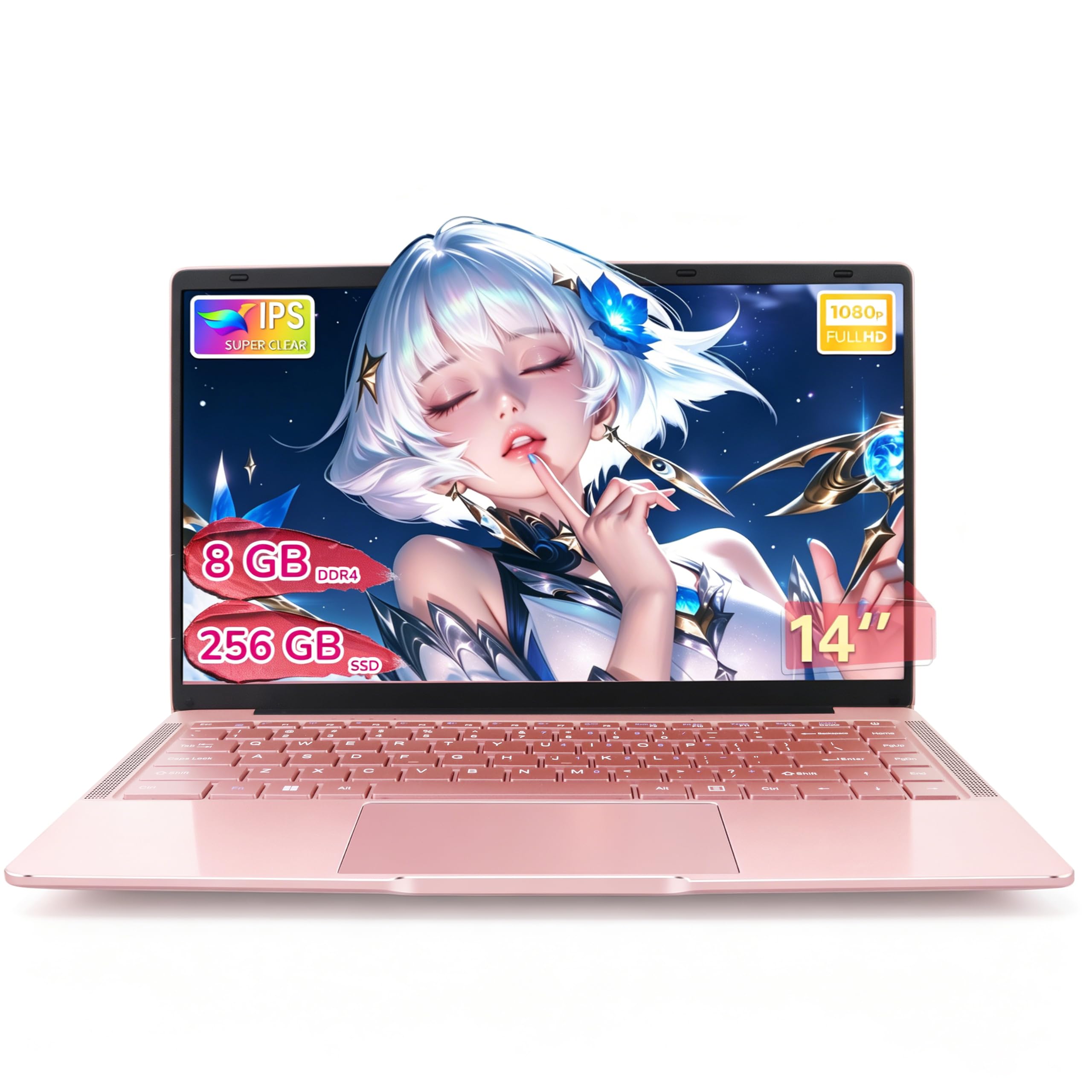 Amita PC Portatile 14 Pollici,8GB DDR4,Processore Celeron,Schermo IPS FHD 1920x1080,Wi-Fi Dual-Band,USB 3.0,Custodia Tastiera(Tastiera ITA) e Mouse Inclusi - Rosa Oro (GB, 256)