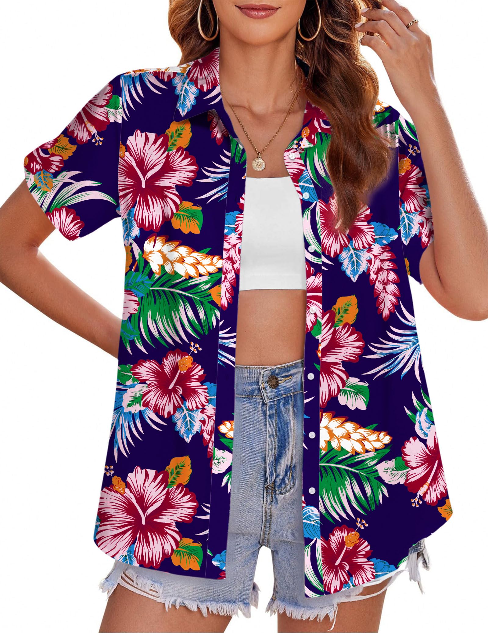 tiorhooe Camisas hawaianas para mujer, diseño de árbol tropical, de manga corta, con botones, para verano, playa, vacaciones