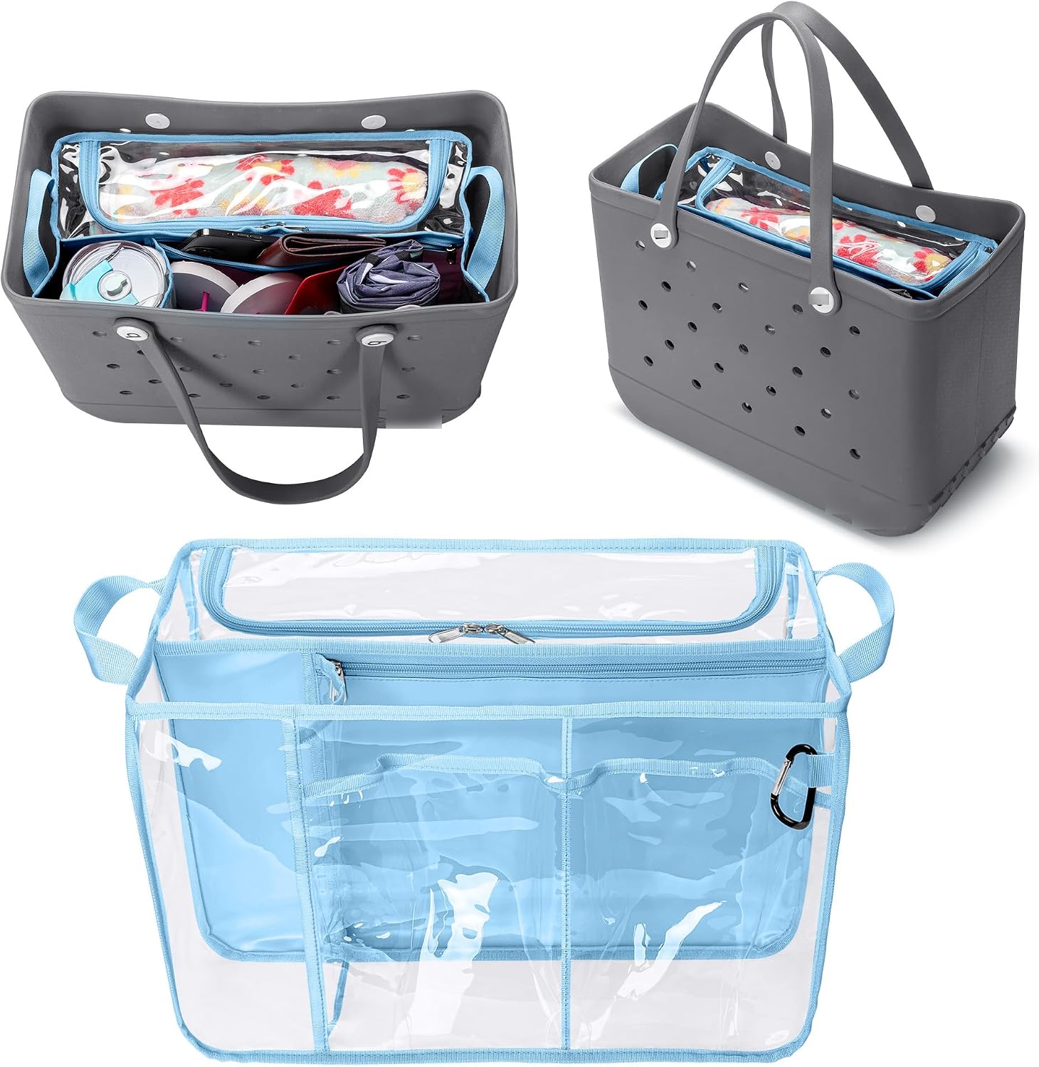Rexmica Clear Beach Bag Organizer Insert Compatible with BOGG BAG Original X Large, Zipper Organizer Liner Compatible with BOGG BAG Original X Large, Insert Divider Pouch with 2 Compartments, Blue