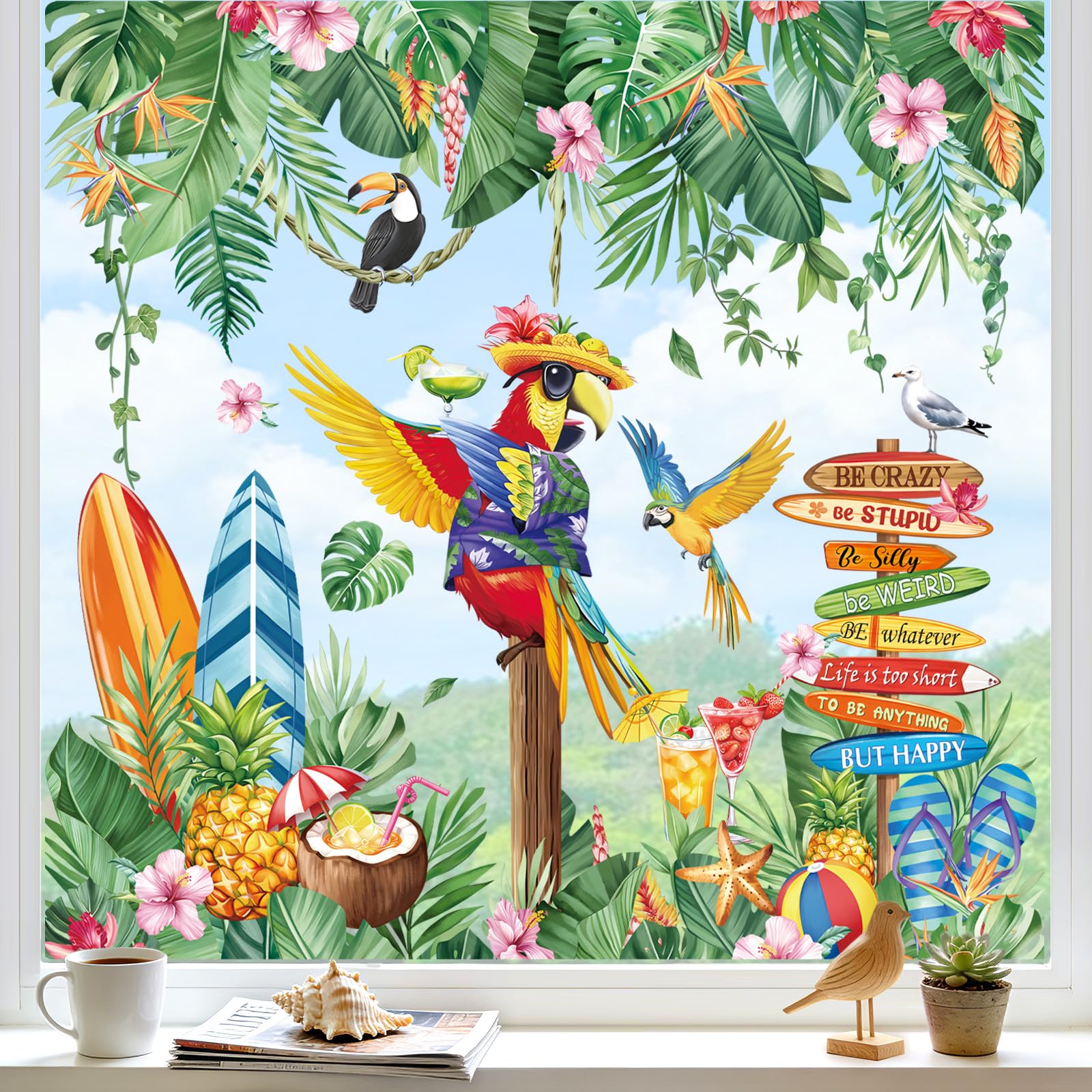 decalmile Autocollants Fenêtre Tropicales Feuilles Pendaison Vigne Été Anti-Collision Stickers Perroquets Tropicaux Plantes Vert Stickers Vitre Anti-Adhésifs Fenêtre Porte Cuisine Décalques - 3