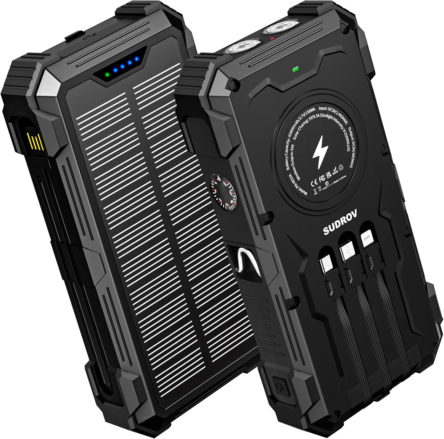 Sudrov Solar Charger Power Bank, 42800mAh Wireless Portable Charger with USB-C in/Output, QC3.0 Fast Charging 15W 4 Ports Outdoor Battery Pack Built-in Dual Led Flashlights for iPhone Samsung etc