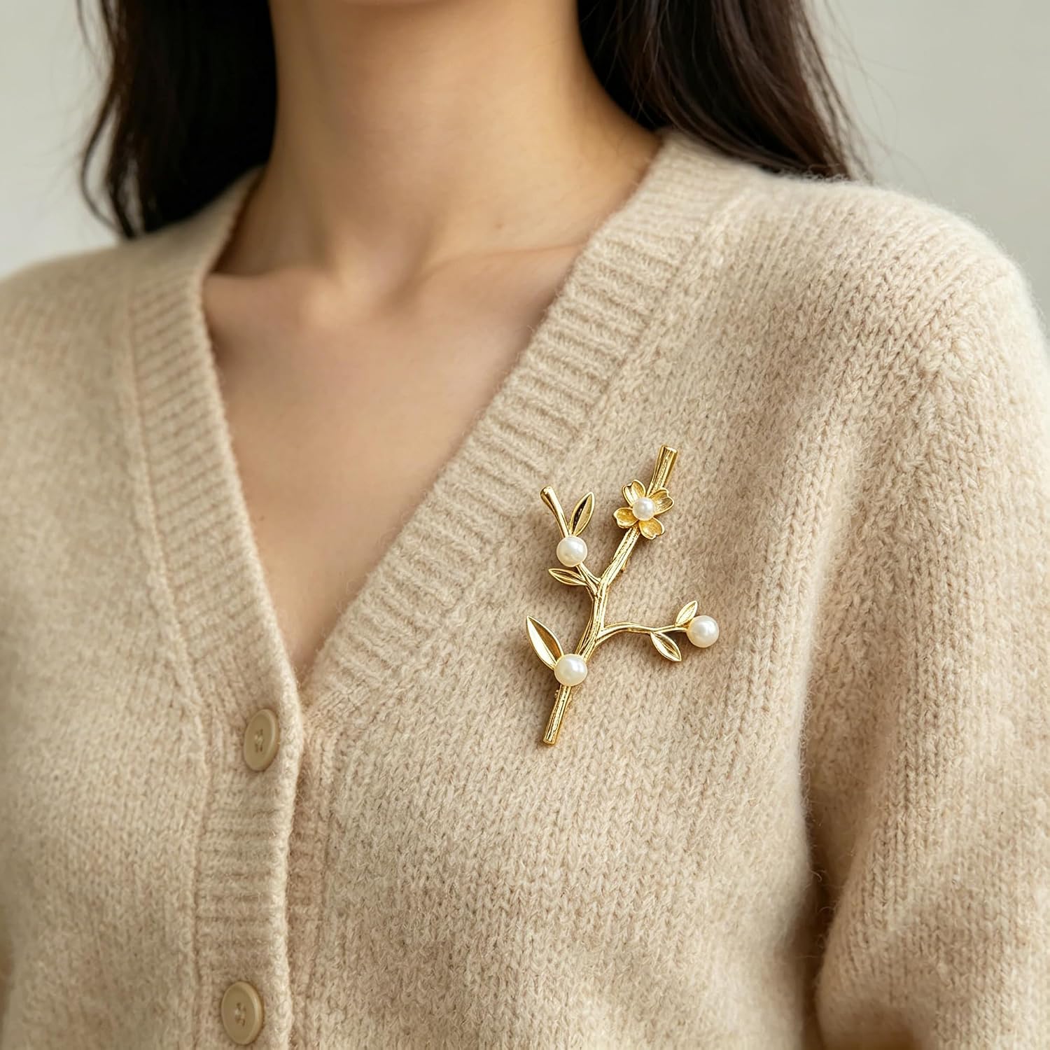 Plum Blossom Pearl Brooch for Women - Gold Plated Floral Branch Lapel Pin | Elegant Lady Flower Brooch Pin Jewelry for Suits Coats Dresses