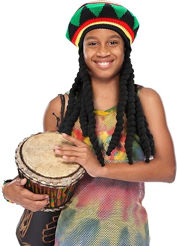 Miniatura 5 de Hicarer 6 piezas de sombrero rasta de Halloween con rastas negras Rasta peluca con gorra reggae sombrero jamaicano con pelo sintético largo trenzado