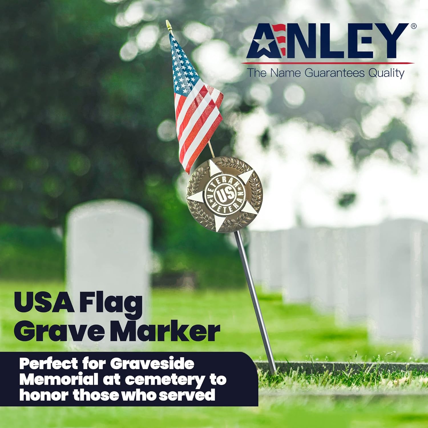 Anley American Veteran Grave Marker with US National Stick Flag 34 Inch Tall - Cemetery Memorial Graveside Plaque Flag Holder Gravemarkers for All American Military Veterans - Image 2