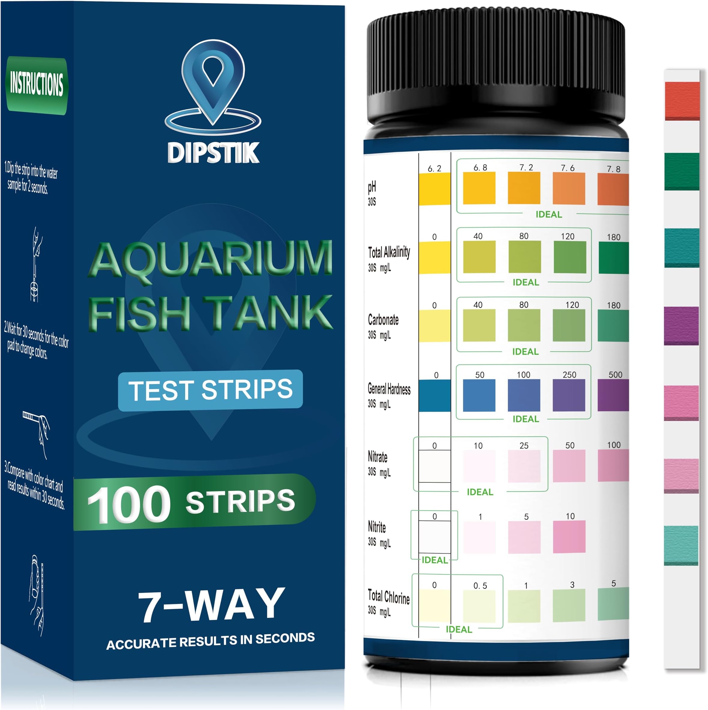 DIPSTIK Aquarium Test Strips, 7-Way Freshwater Saltwater Fish Tank Pond Test Kit, 100 Strips, Nitrate, Nitrite, Chlorine, Hardness, Alkalinity, Carbonate, pH