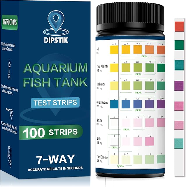 DIPSTIK Bandes d'essai de l'aquarium, 7-Way Trousse d'essai du bassin de poissons d'eau douce en eau salée, 100 Bandes, nitrates, nitrites, chlore, dureté, alcalinité, carbonate, pH
