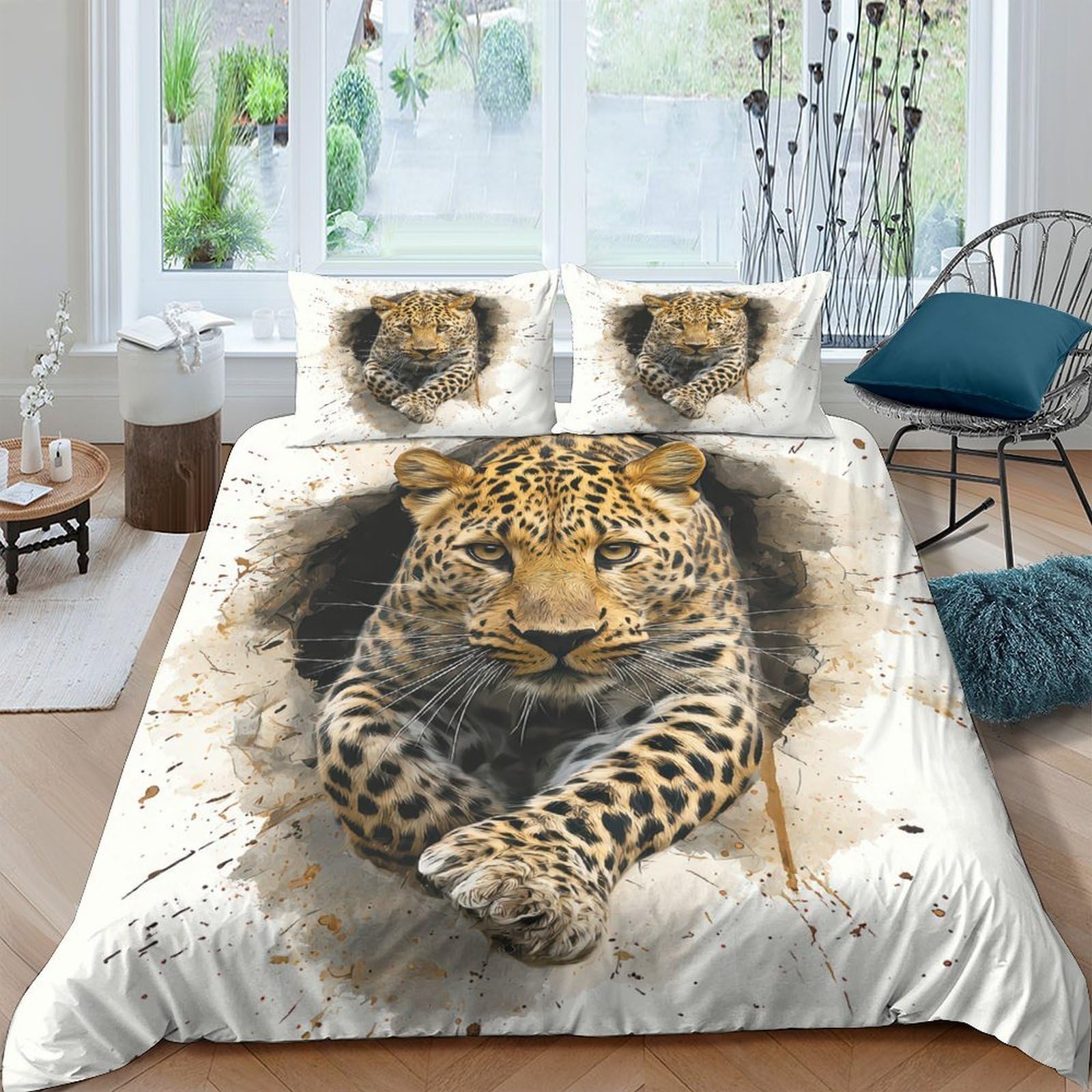 TUFRTGYHN 3D Printed Leopard Animal Duvet Cover Microfiber Soft Breathable Jungle Wild Cat Bedding Set with 2 Pillowcases for Bedroom Decor Single（135x200cm）