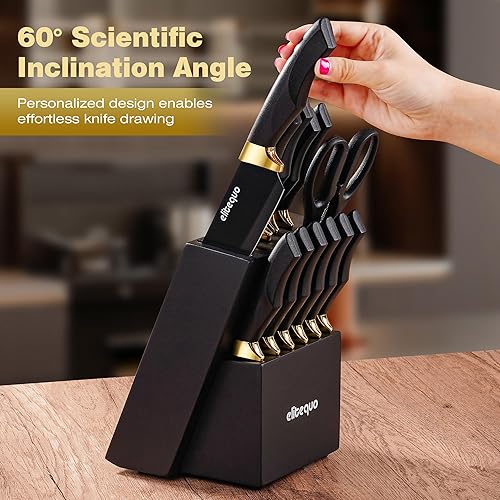 Miniatura 7 de Juego de cuchillos con bloque, juego de cuchillos de cocina aptos para lavavajillas con afilador integrado, juego de bloques de cuchillos negros de