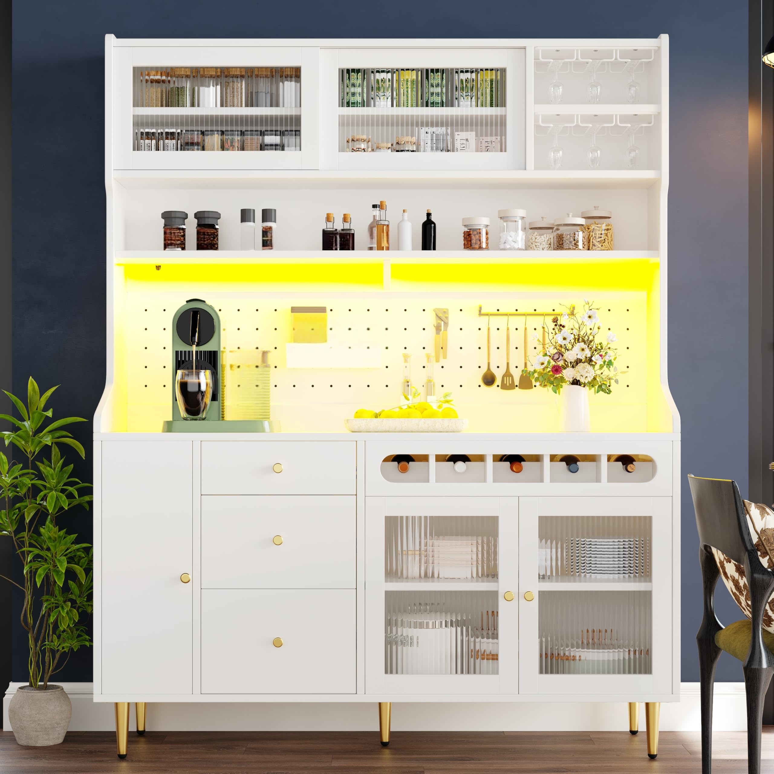 Alacena de Cocina Armario Alto Cocina con Iluminación LED y USB, Mueble Auxiliar de Comedor con Botellero y Cajones, Aparadores Salon, Buffet Comoda, 145x39x171 cm, Blanco