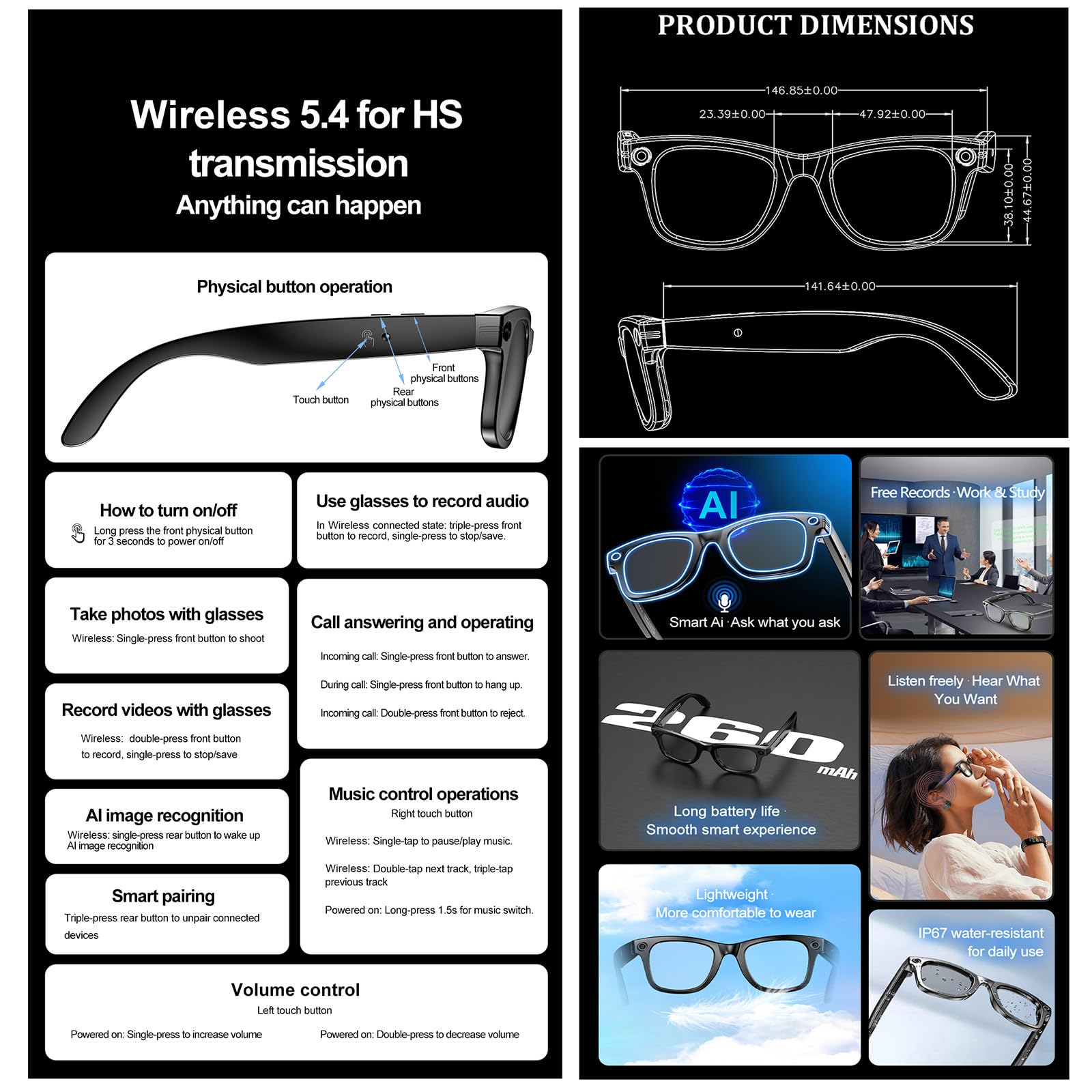 Lunettes connectées, Lunettes connectées avec caméra, étanches IP65 | Appels Bluetooth | Lecture de Musique | Reconnaissance d'images | Photo | Vidéo | Enregistrement(Parent,A)