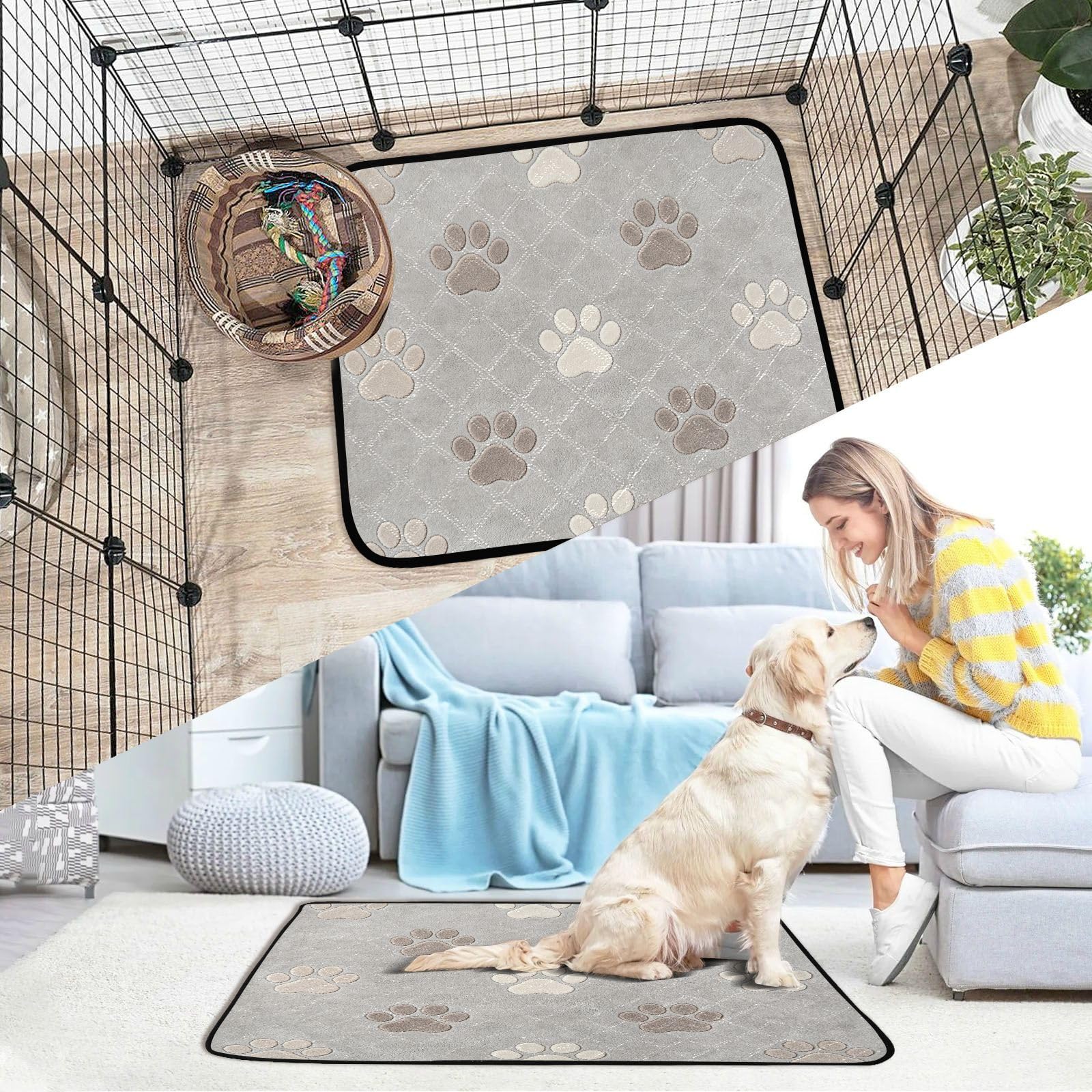 Wasserabsorbierende Matte für Hundenapf, wiederverwendbare Urinierunterlagen, rutschfester Teppich für Rasen, 50,8 x 61 cm, Pfotenmotiv, Grau / Weiß, 3 Stück