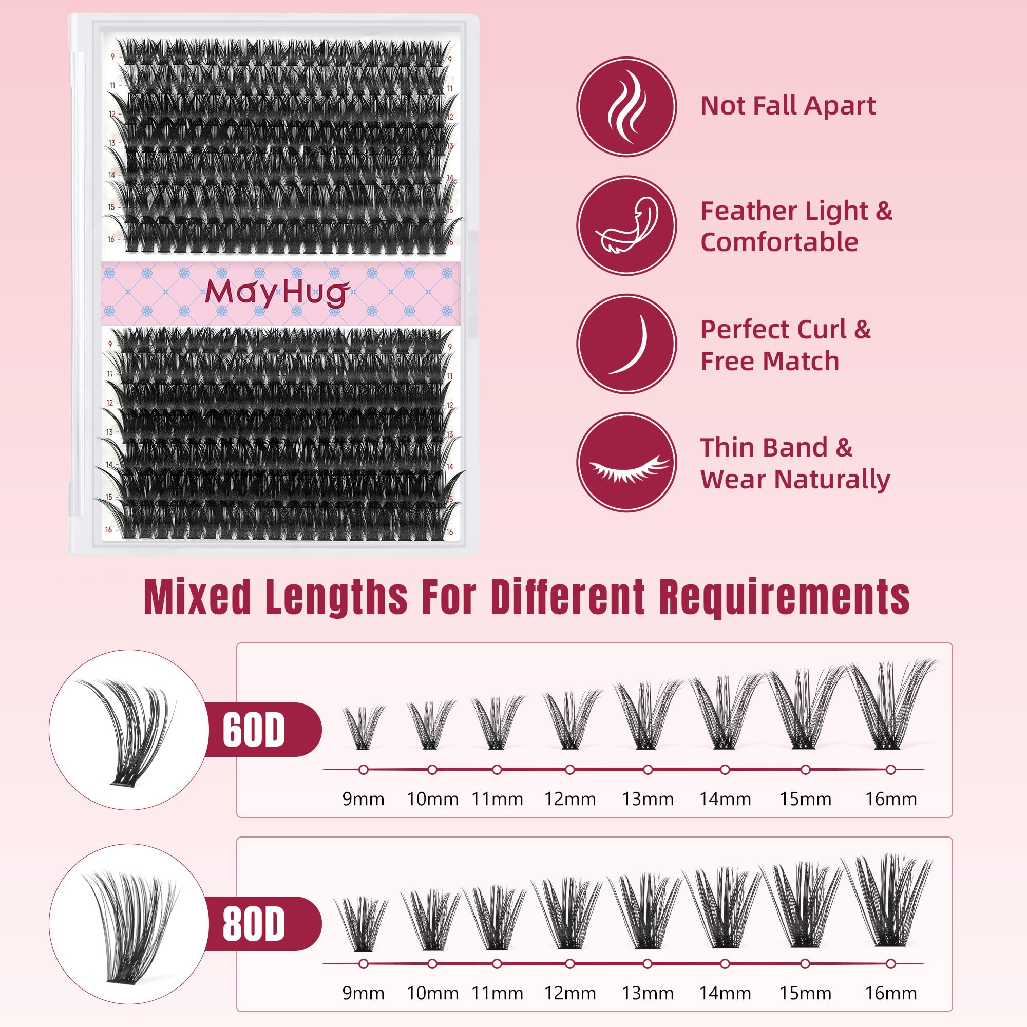 Mayhug Ciglia Finte Ciuffetti 60+80D Naturale Ciglia Finte 280Pcs Extension Ciglia 9-16mm D Curl (60+80D)