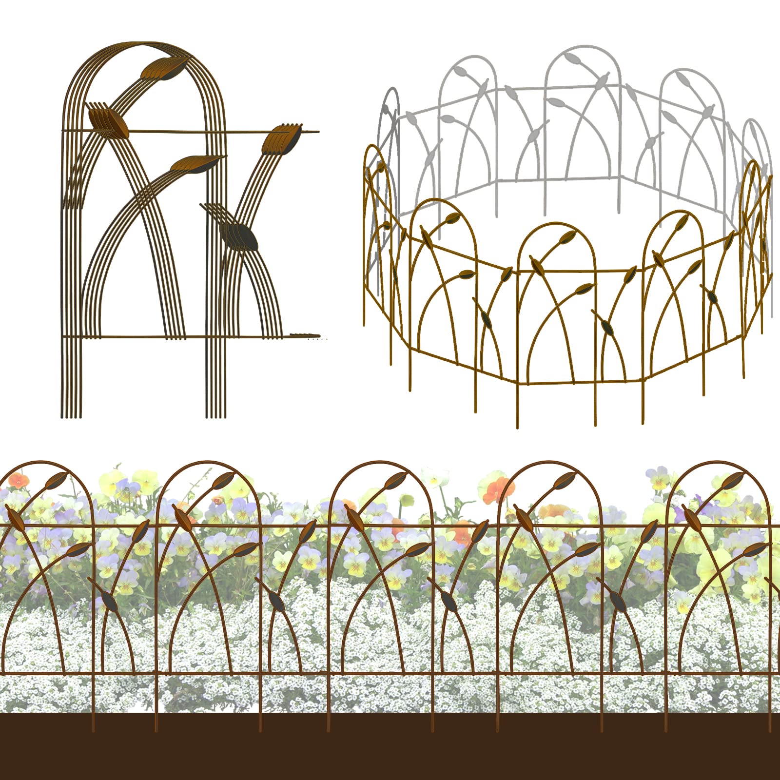 Metal Decorative Garden Fence Border, 32 in.H x 19.5 in.W (10 Panels, Total Length 16 feet) No Dig Fence Rustproof Wrought Iron Landscape Fencing for Flower Bed, Trees, Animal Barrier, Bronze