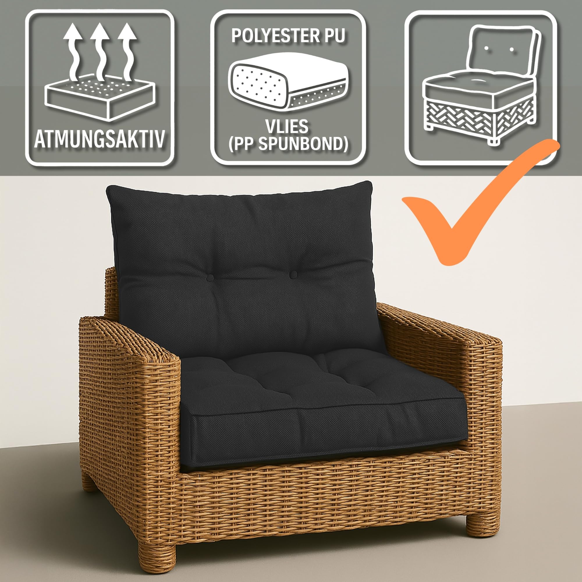 Amazinggirl Cuscino Lounge Arredo Giardino Set: seduta 60x60 cm e schienale 40x60 cm - Schienale Rattan Ideale per balcone terrazza outdoor comfort imbottitura spessa resistente Beige