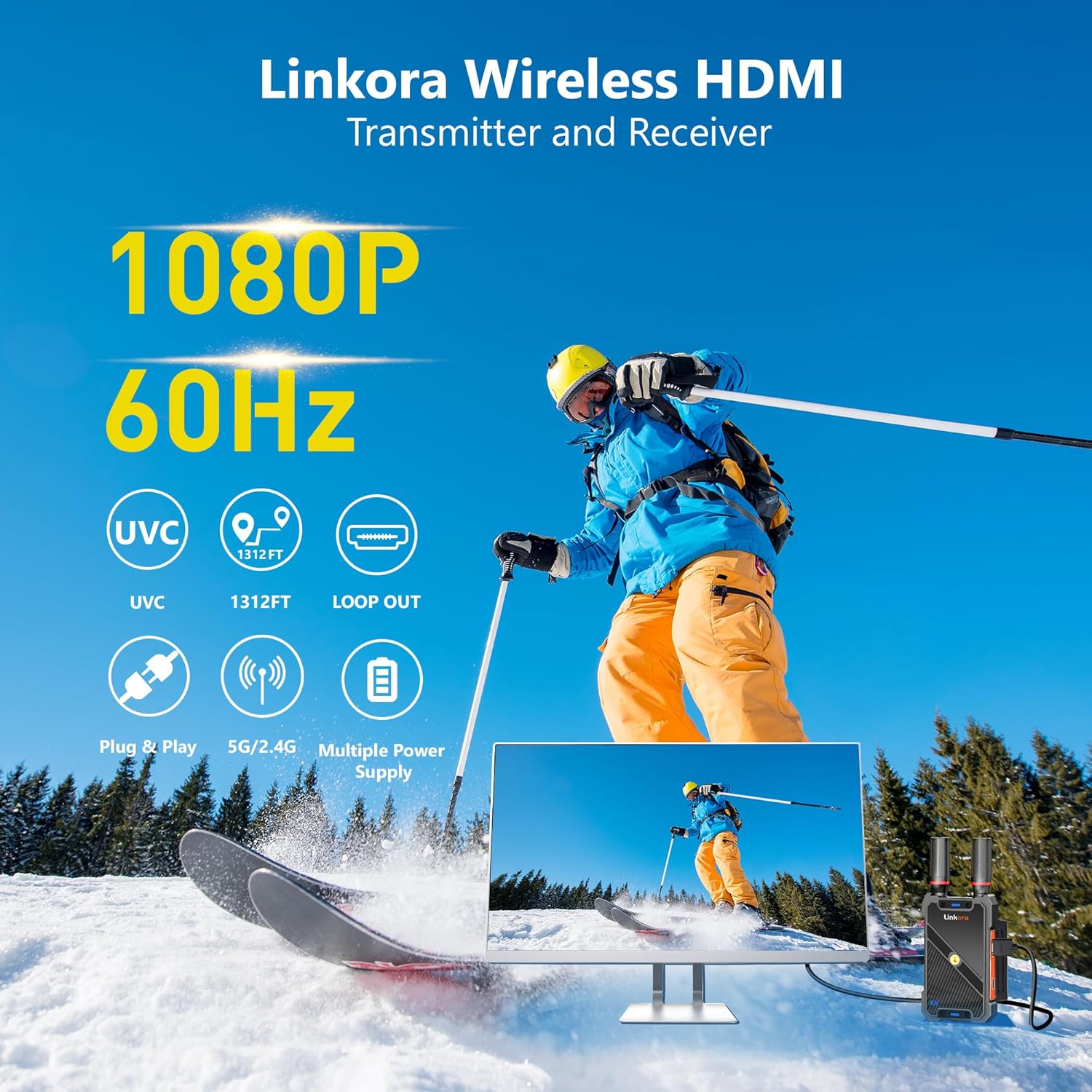 Wireless HDMI Transmitter and Receiver with UVC Out, 1312ft <0.05s Low Latency,1 to 5 RX, Plug and Play Wireless HDMI Extender for Live System, Stable 1080P for DSLR PC Live Streaming