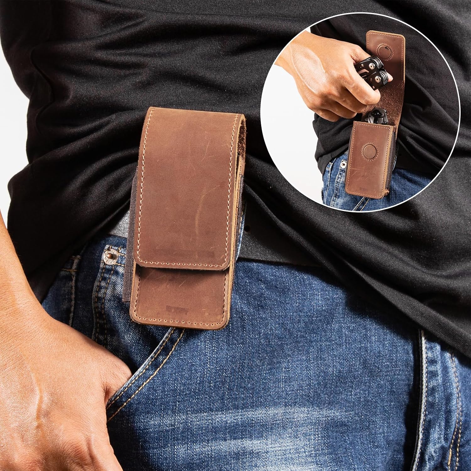 Multitool Sheath for Men,Leather Multitool Sheath for Belt,Multitool Holster,EDC Belt Pouch Fits Folding Tool,Magnetic Closure Multitool Pouch for Folding Knife,Tool Pouch with Belt Clip - Image 6