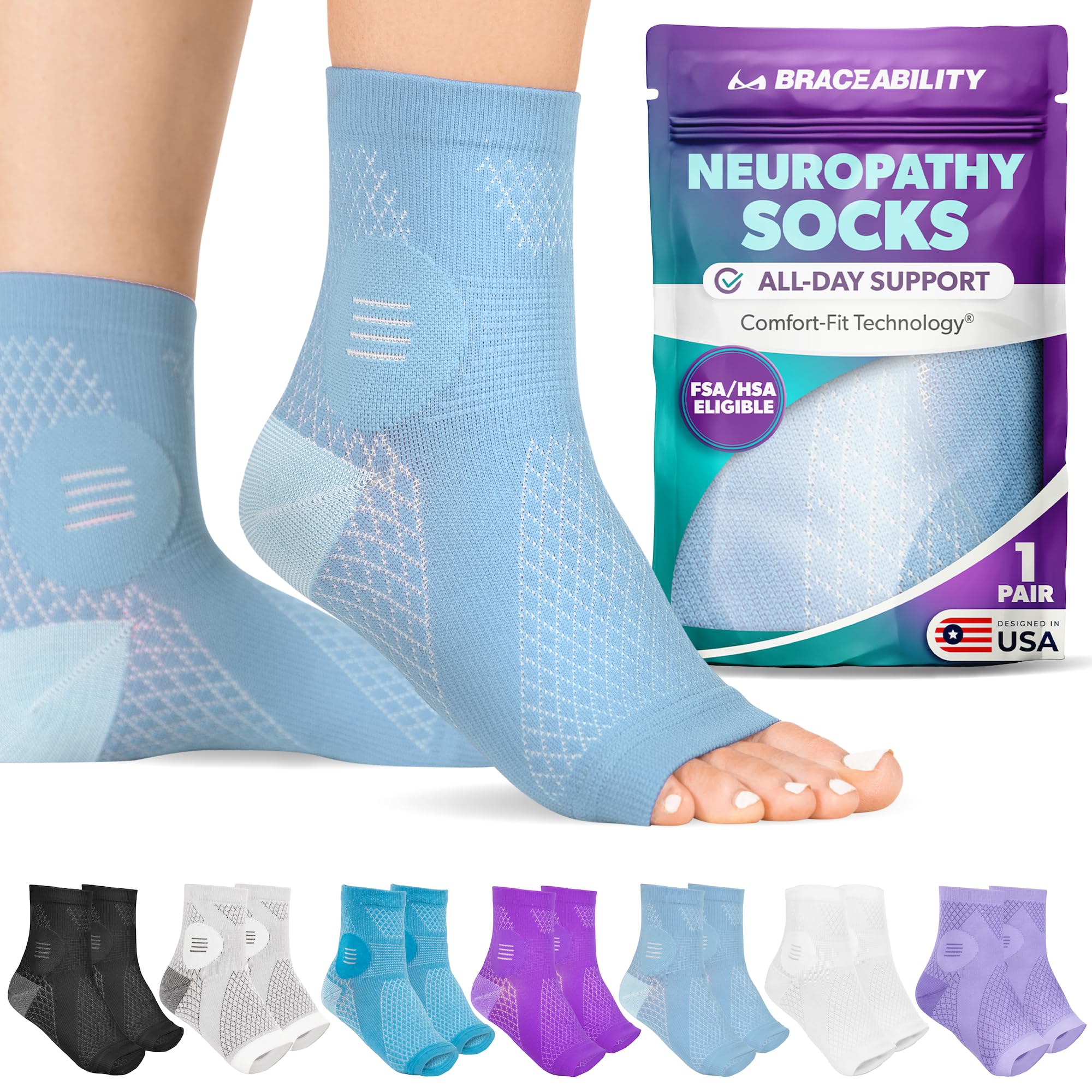 BraceAbility Neuropathy Socks for Women and Men - Toeless Compression Foot Neuropathy Socks, Peripheral Neuropathy Socks, Diabetic Neuropathy Socks, Arthritis Socks (XL - Blue)-picture-20