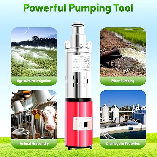 Miniatura 2 de Bomba sumergible de pozo profundo, bombas de pozo profundo de acero inoxidable DC12V 180W, velocidad 4500rmin, caudal máximo de 396.26 galh,