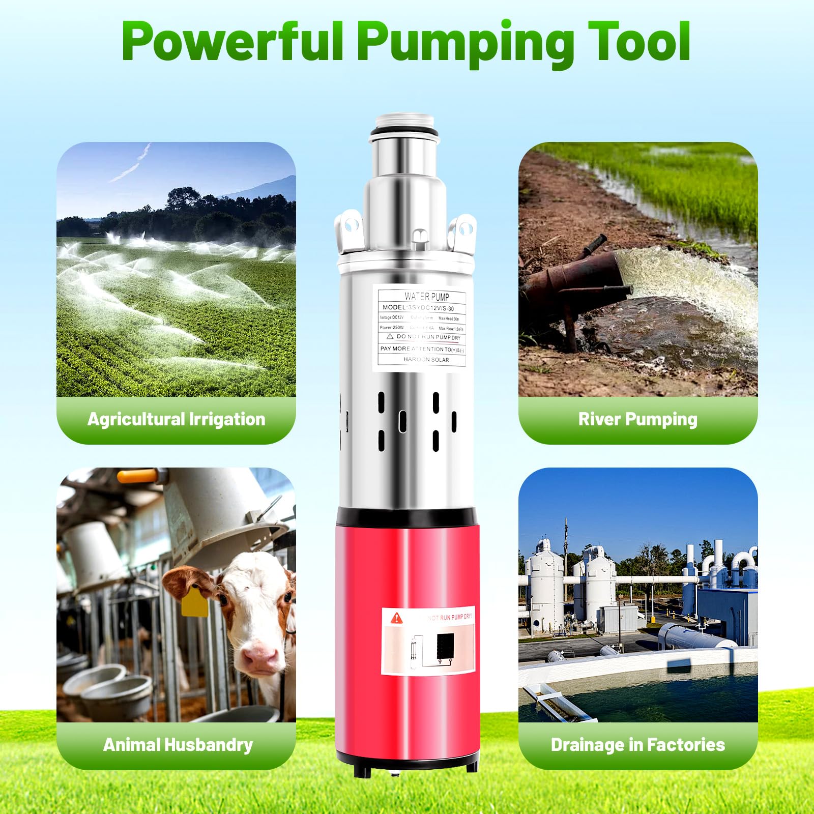 Pompa sommergibile per pozzo profondo, DC 12V 180W Vite in acciaio inossidabile, Solare 29,9 m Lift, Farm Ranch Irrigazione Foro Foro 4500 RPM