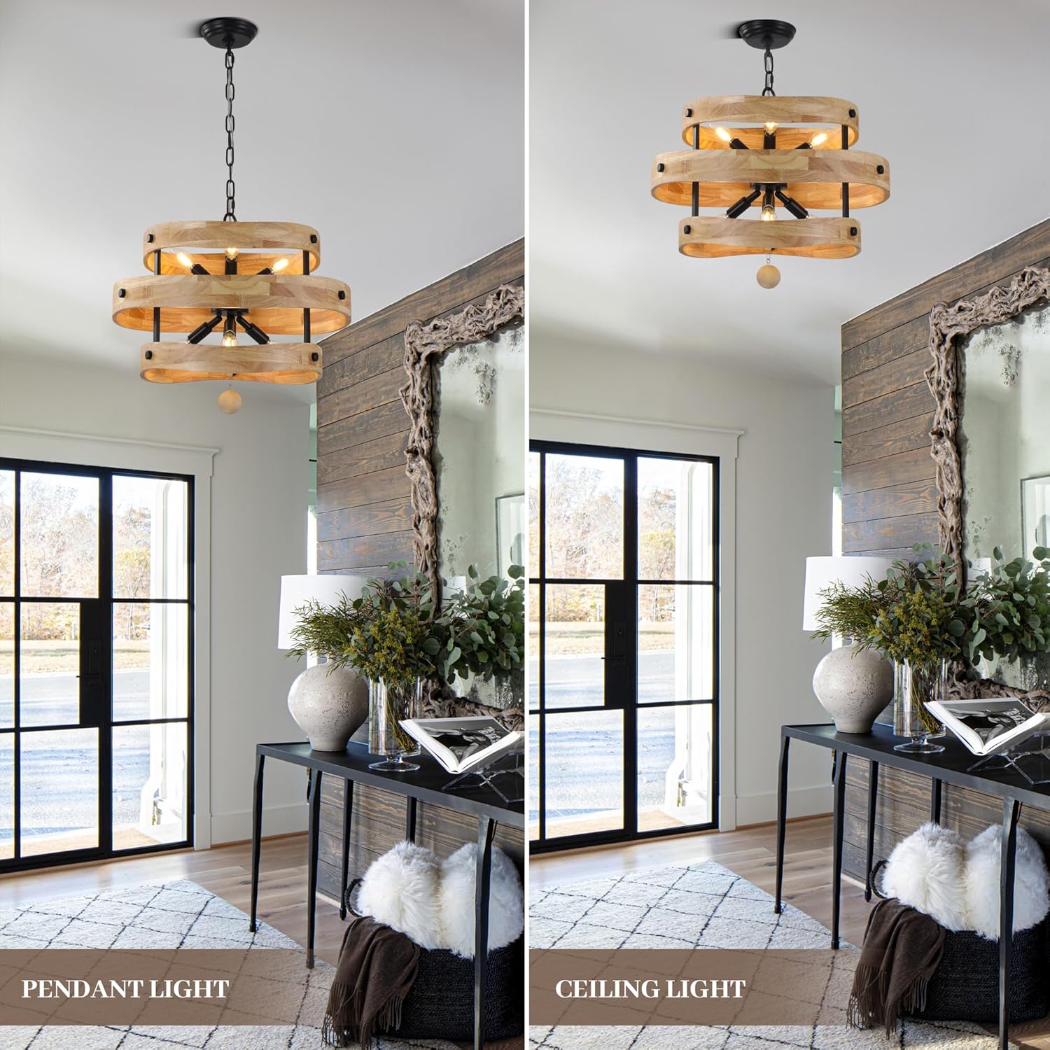 Farmhouse Chandelier 6-Light, Rustic 3-Tier Wooden Ring Pendant Light with Adjustable Chain, Industrial Hanging Light Fixture for Kitchen Island Dining Room Porch Entryway