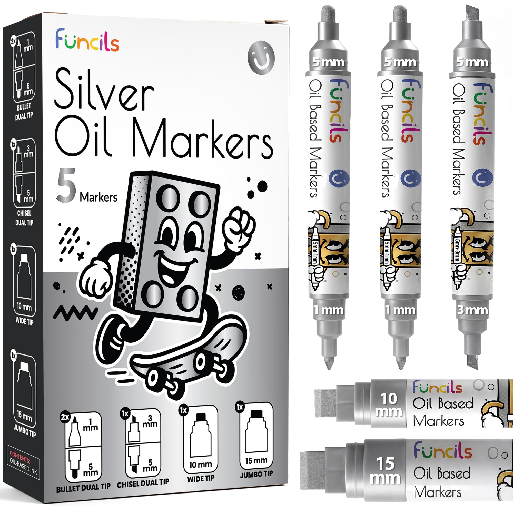 Funcils 5 Oil Silver Permanent Marker (3 Dual Tip + 10mm, 15mm Jumbo) - Oil Based Silver Paint Pens for Metal, Fabric, Glass, Automotive Tire, Furniture Touch Up Wood & Plastic Surfaces - Waterproof