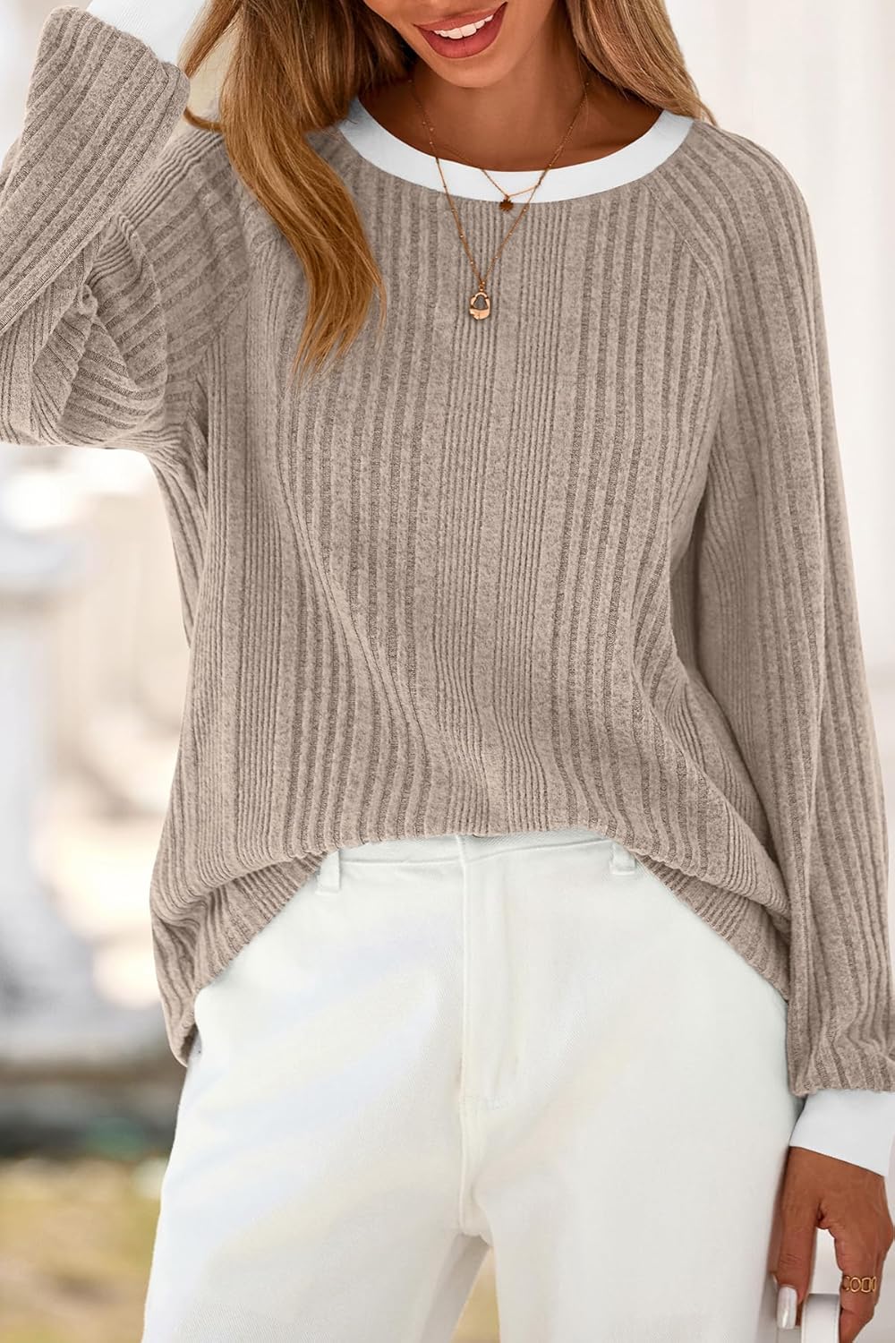 CFLONGE Fall Tops for Women Trendy 2025 Crewneck Long Sleeve Business Casual Shirts Fashion Knit Ribbed Tunic Going Out Tops - Image 3