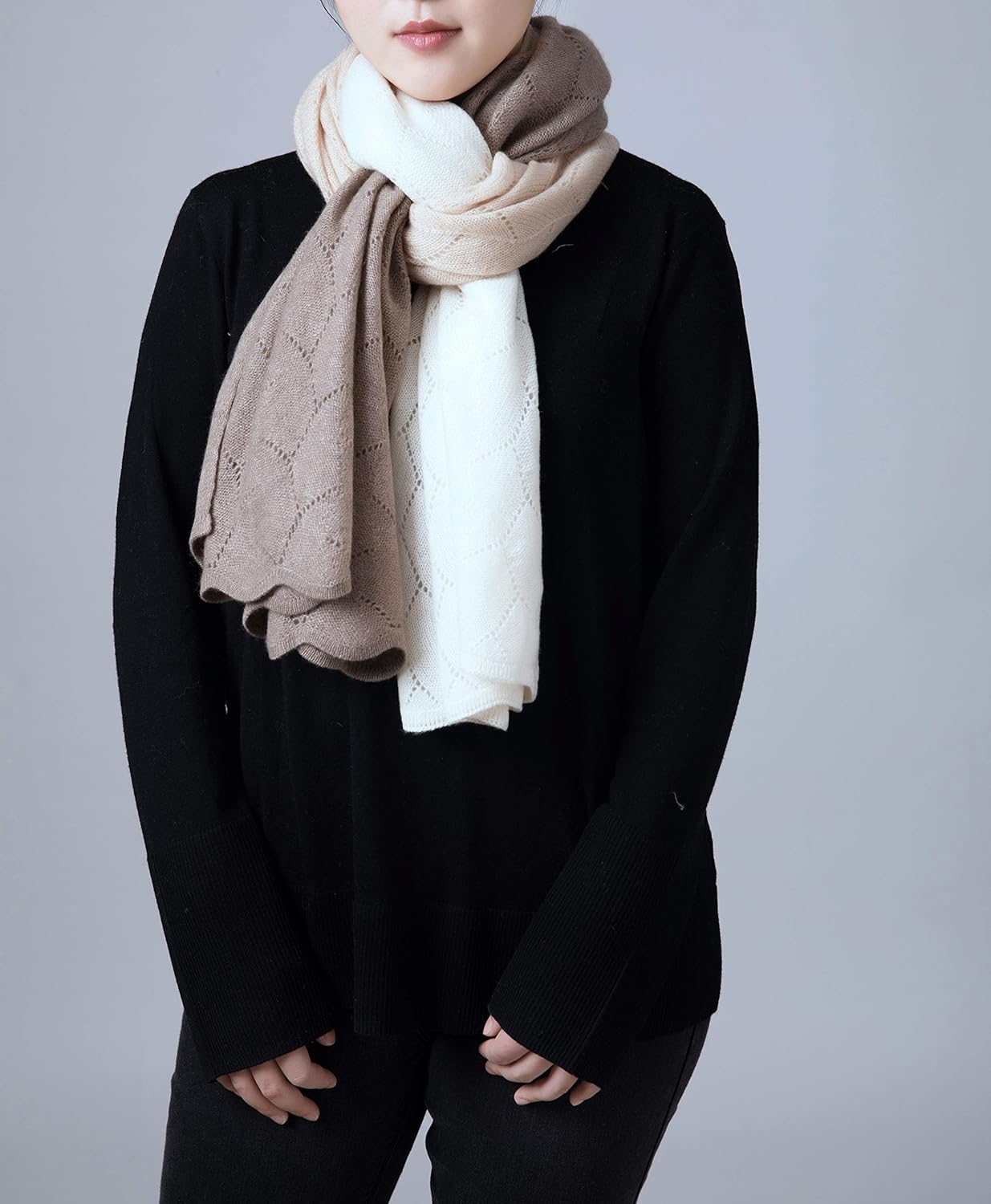 The Willow Boutique NEVER-DYED Luxurious 100% Cashmere Knitted Scarf Shawl in Undyed Natural Color Pashmina Wrap, Thick, Leaf-themed
