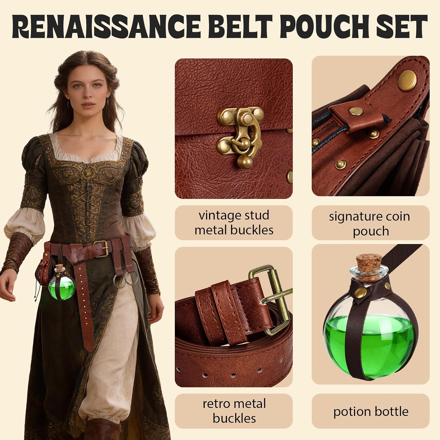 Renaissance Pirate Belt Pouch Accessories Set - Medieval Leather Belt Potion Bottles Skirt Hikes for LARP Halloween Cosplay (Brown)