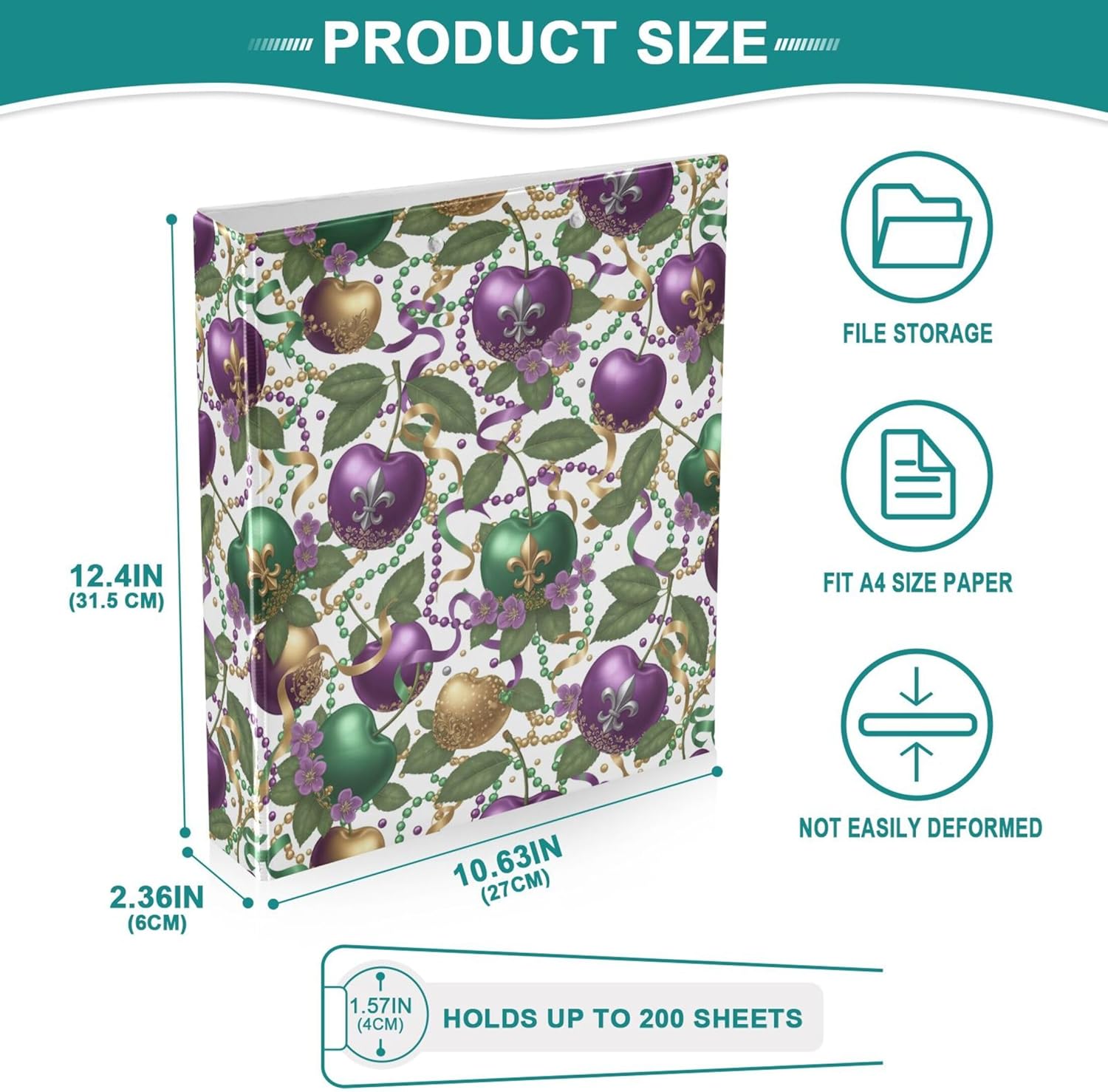 Mardi Gras Cherry 3 Ring Binders, 1.5” Round Ring Binders with Clipboard - Letter Size, 3 Interior PVC Clear Pockets & Anti-Slip Clip for Office School Supplies, 2PCS
