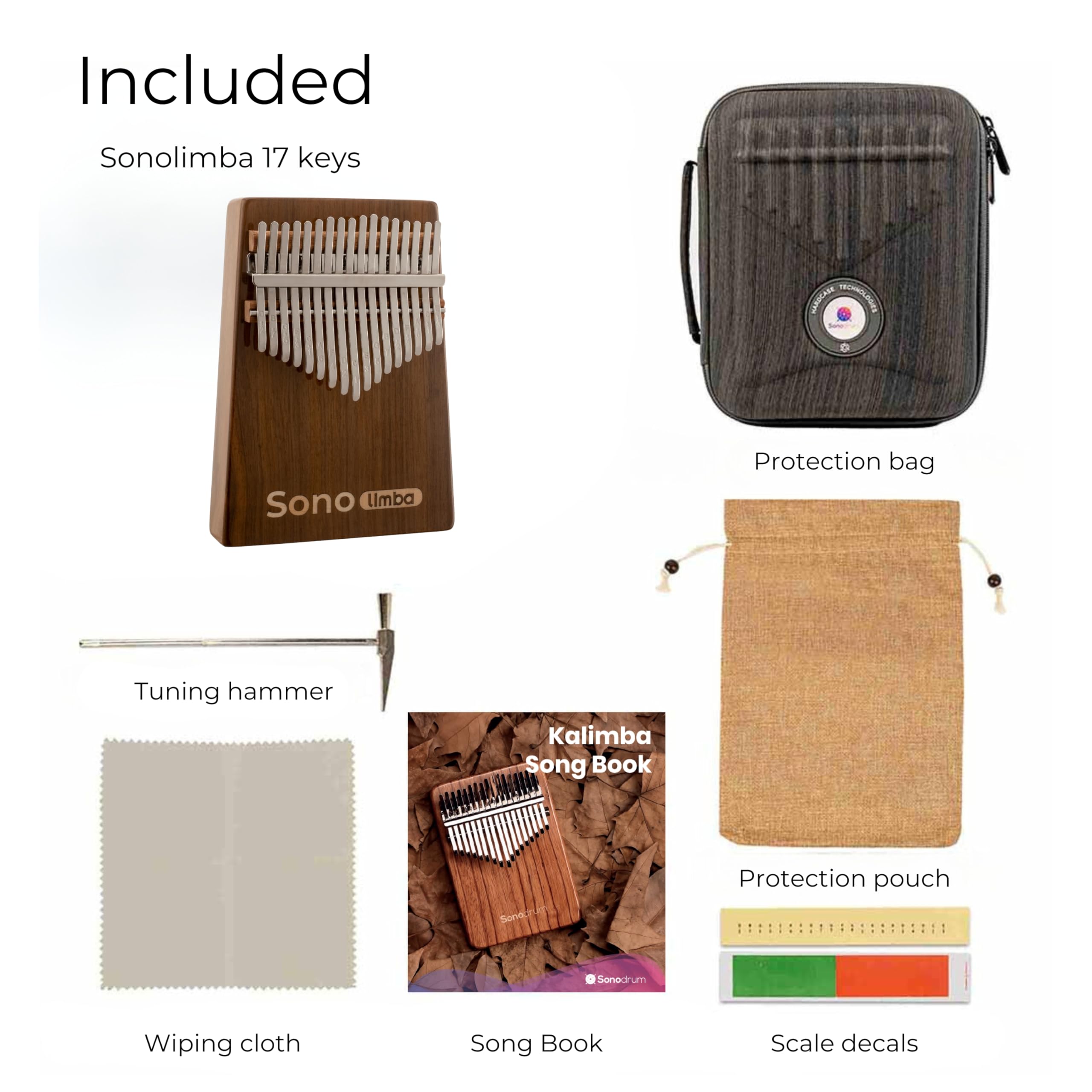 Kalimba avec 17 clés - Piano à pouces en bois de noyer de haute qualité. Piano portable avec pochette et livre de chansons. Instrument de musique. Percussion à main pour enfant ou adulte