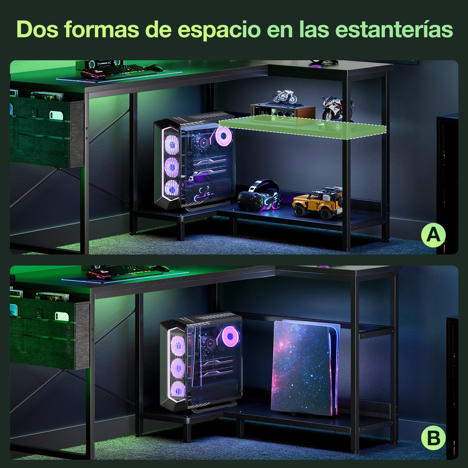 Coleshome Escritorio Gaming con LED, 120x80cm Escritorio Esquina con Estantes Reversibles, Mesa Gaming en L con Tomas de Corriente y USB Mesa de Juegos con Soporte Monitor Hogar Oficina, Negro