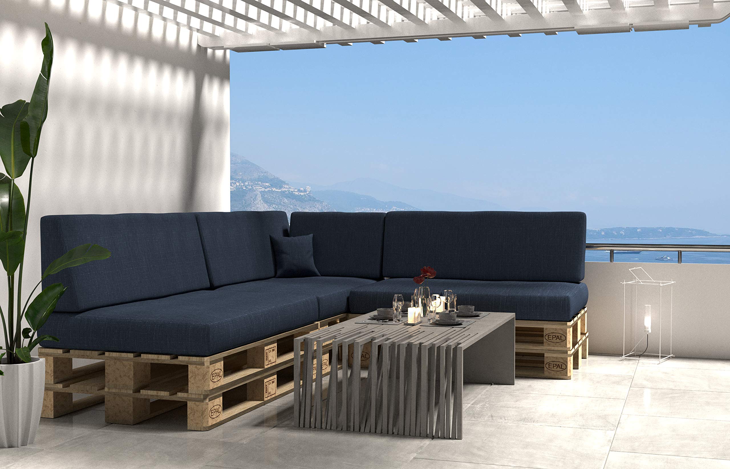 POKAR Euro Pallet Seating Set of 2: 1x seat cushion 120x80cm + 1x back cushion 120x40cm, cold foam, removable covers, Home Garden Furniture DIY, indoor outdoor pillow, without pallets, Beige — view 115