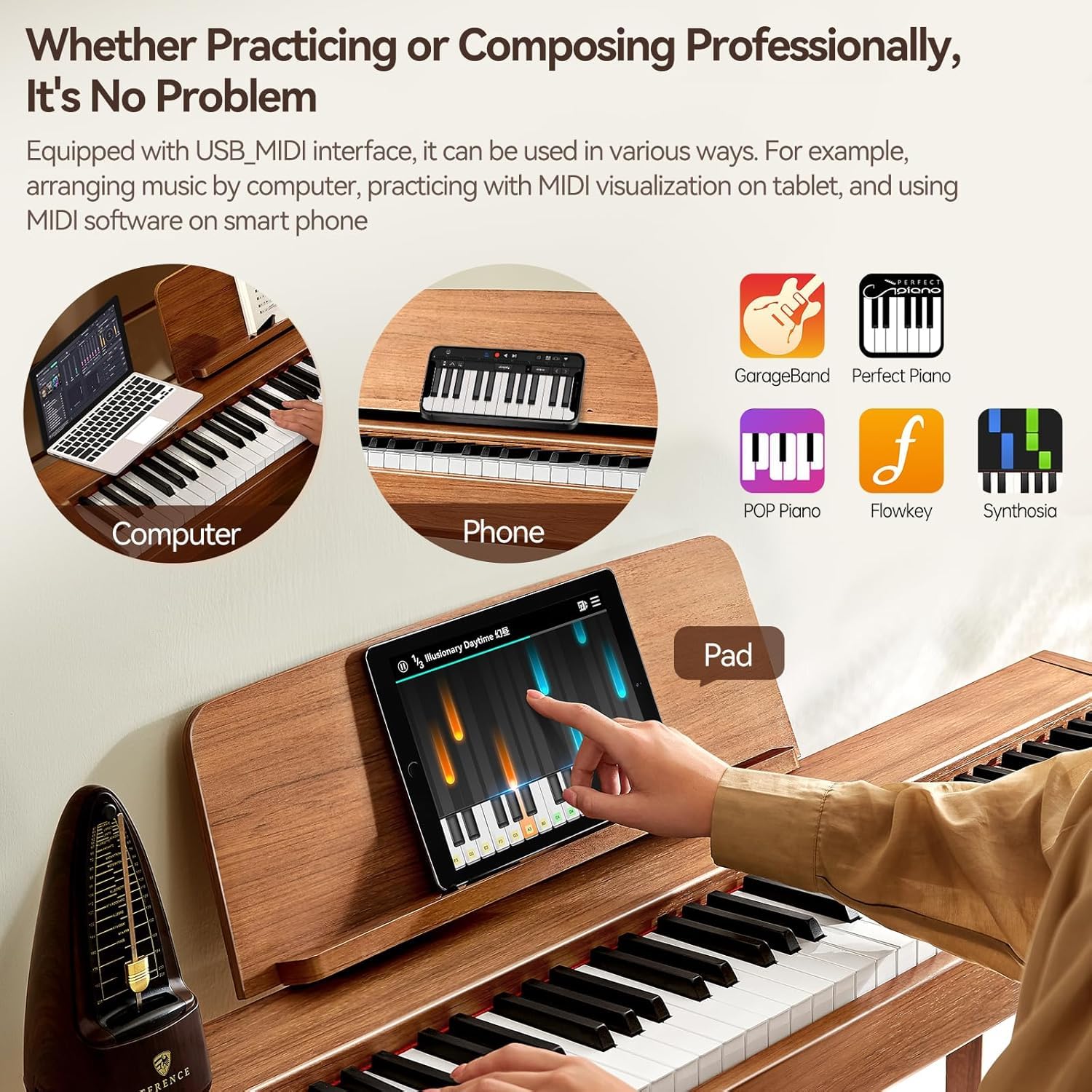 E Piano 88 Tasten Hammermechanik : TERENCE Keyboard Piano 88 Tasten mit Ständer Klavier mit 20W Lautsprecher Dreifachpedal Unterstützung Videoaufnahmen MIDI Bluetooth Kopfhöreranschluss Eichenfarbe