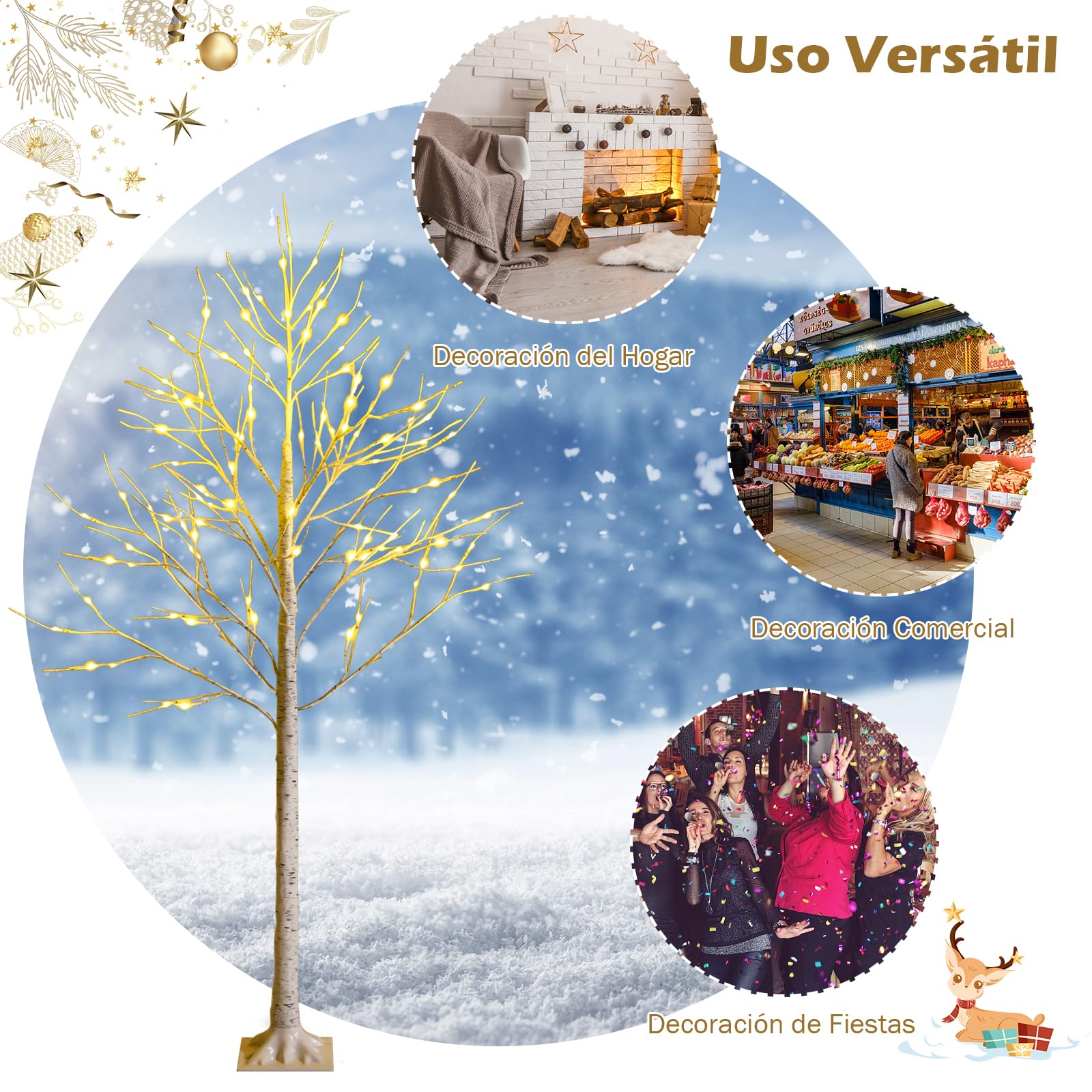 GYMAX Árbol de Navidad 120/150/180 cm, Abedul Iluminado con 48/72/96 Luces LED Blanco Cálido, Árbol de Navidad de PVC, Decoración Brillante para Navidad, Hogar (120 cm)