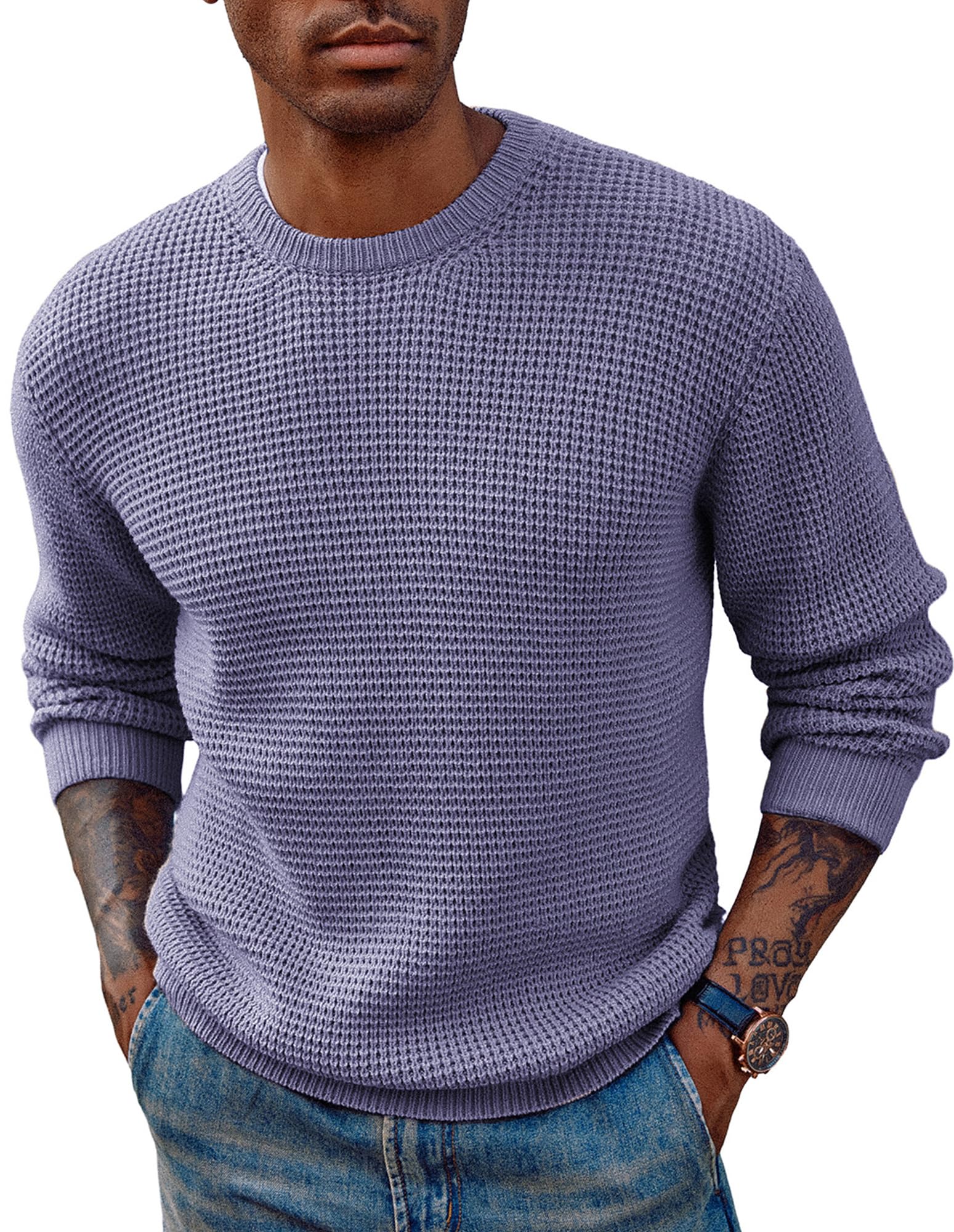 PJ PAUL JONES Mens Pullover Sweater Waffle Textured Long Sleeve Knitted Sweaters